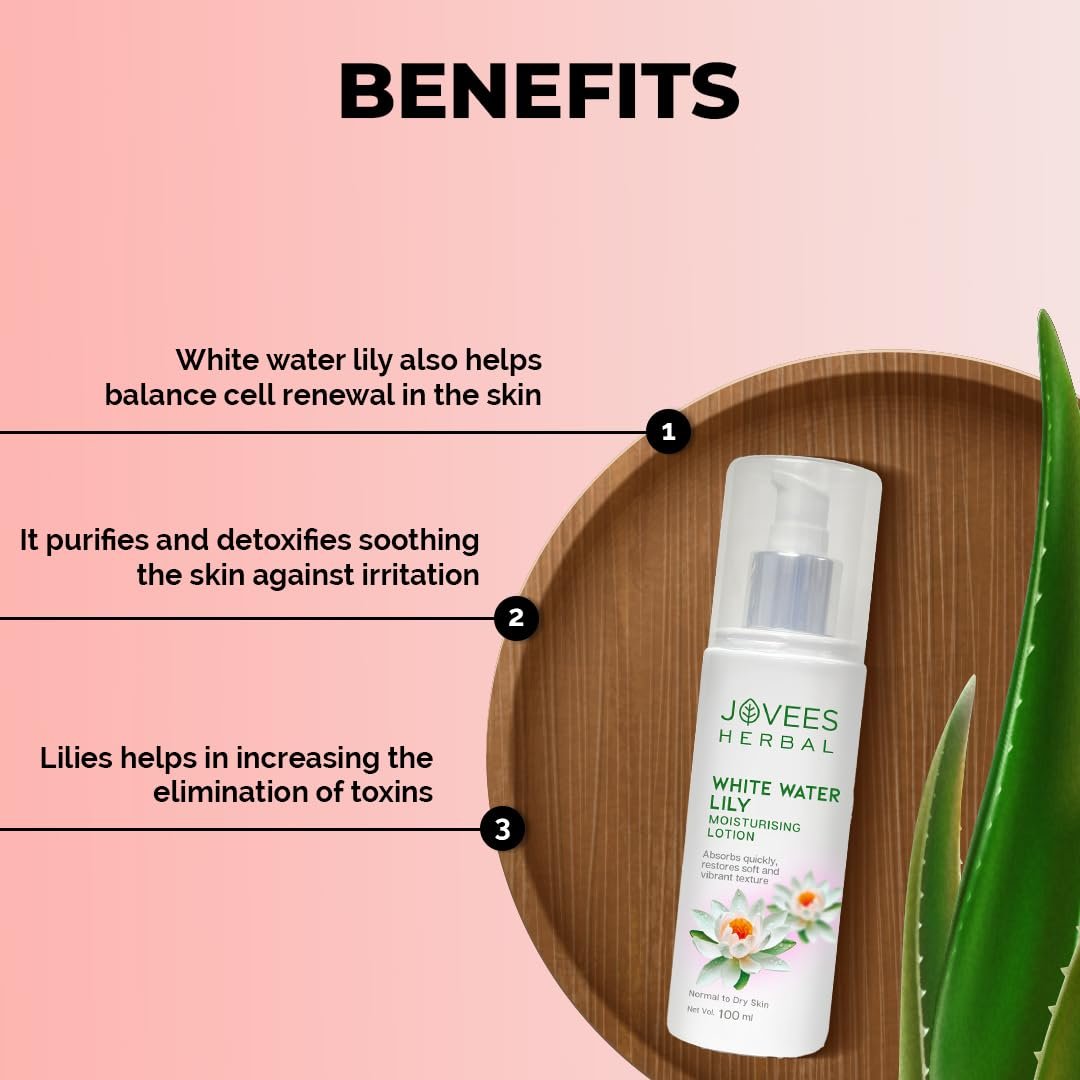 Jovees Herbal White Water Lily Moisturizing Lotion | For Normal to Dry Skin | Lightweight, Non-Sticky, Optimum Moisturization | 100ml thumbnail