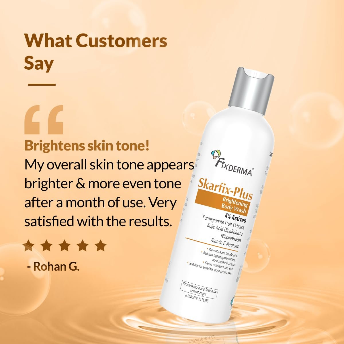 Fixderma Skarfix Plus Brightening Body Wash with 4% Actives (Kojic Acid, Niacinamide Acid, & Vitamin E) | Skin Brightening Body Wash Shower Gel | For Hyperpigmentation & Acne Marks - 200ml thumbnail