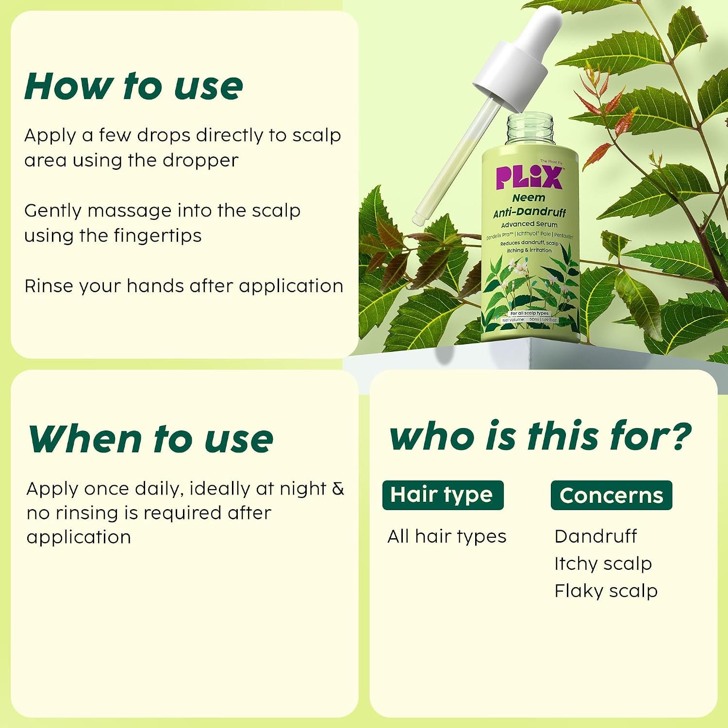 PLIX - THE PLANT FIX Neem Anti-Dandruff Advanced Serum | 3% Dandelix Pro™ & Ichthyol® Pale| Quick absorbing, Non-greasy & Lightweight | 50ml thumbnail