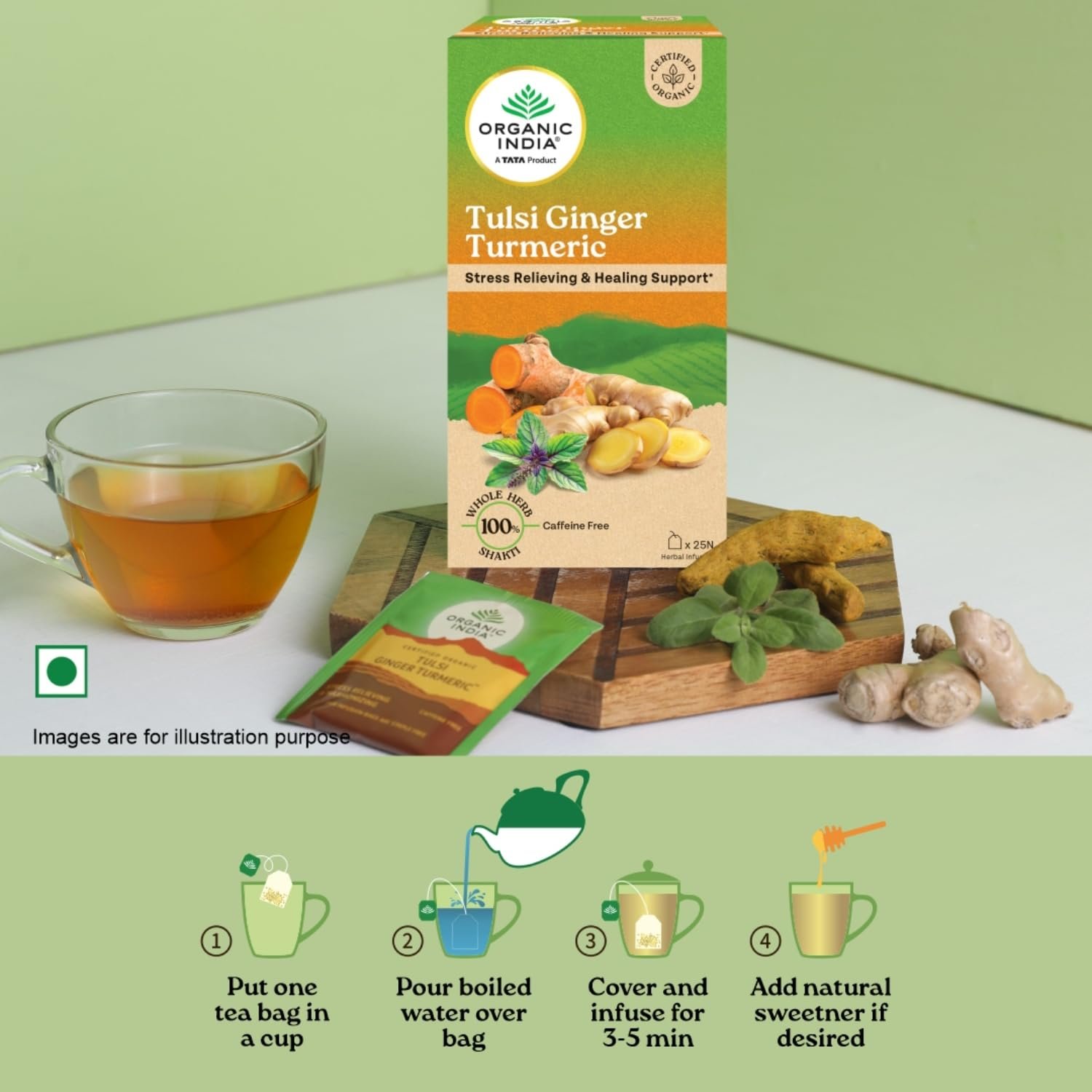 A TATA Product - Organic India Tulsi Ginger Turmeric - 25 Tea Bags, Boosts Immunity, Supports Healing & Recovery, Rich in Antioxidants, Made with Tulsi, Turmeric, Cinnamon, and Pepper thumbnail
