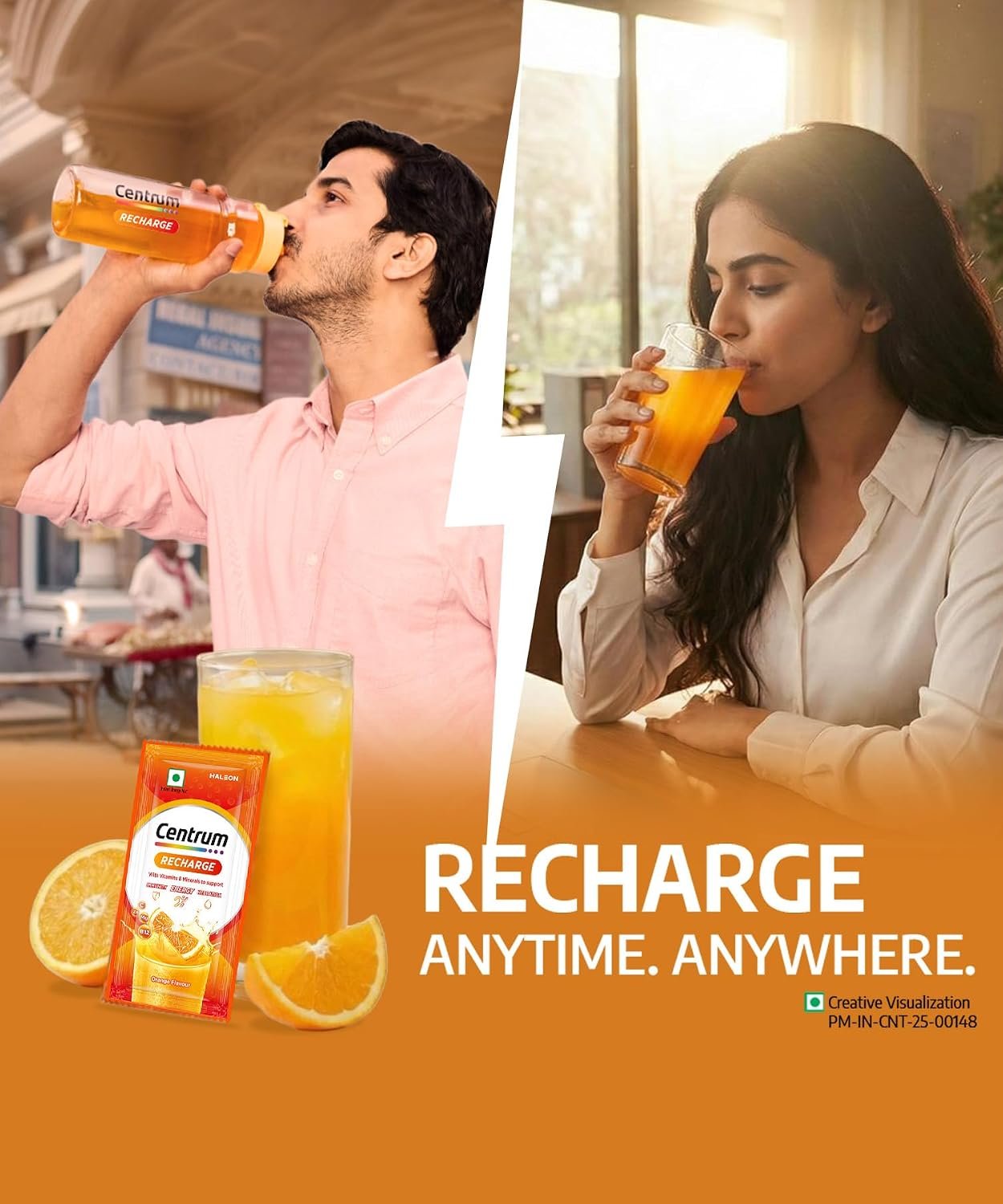 Centrum Recharge Energy Drink Mix with Vitamins & Minerals | For Energy, Hydration & Immunity | Vit. C, Vit. B12, Electrolytes, Magnesium, Biotin, Zinc & More | Orange Flavour - Pack of 30 S thumbnail