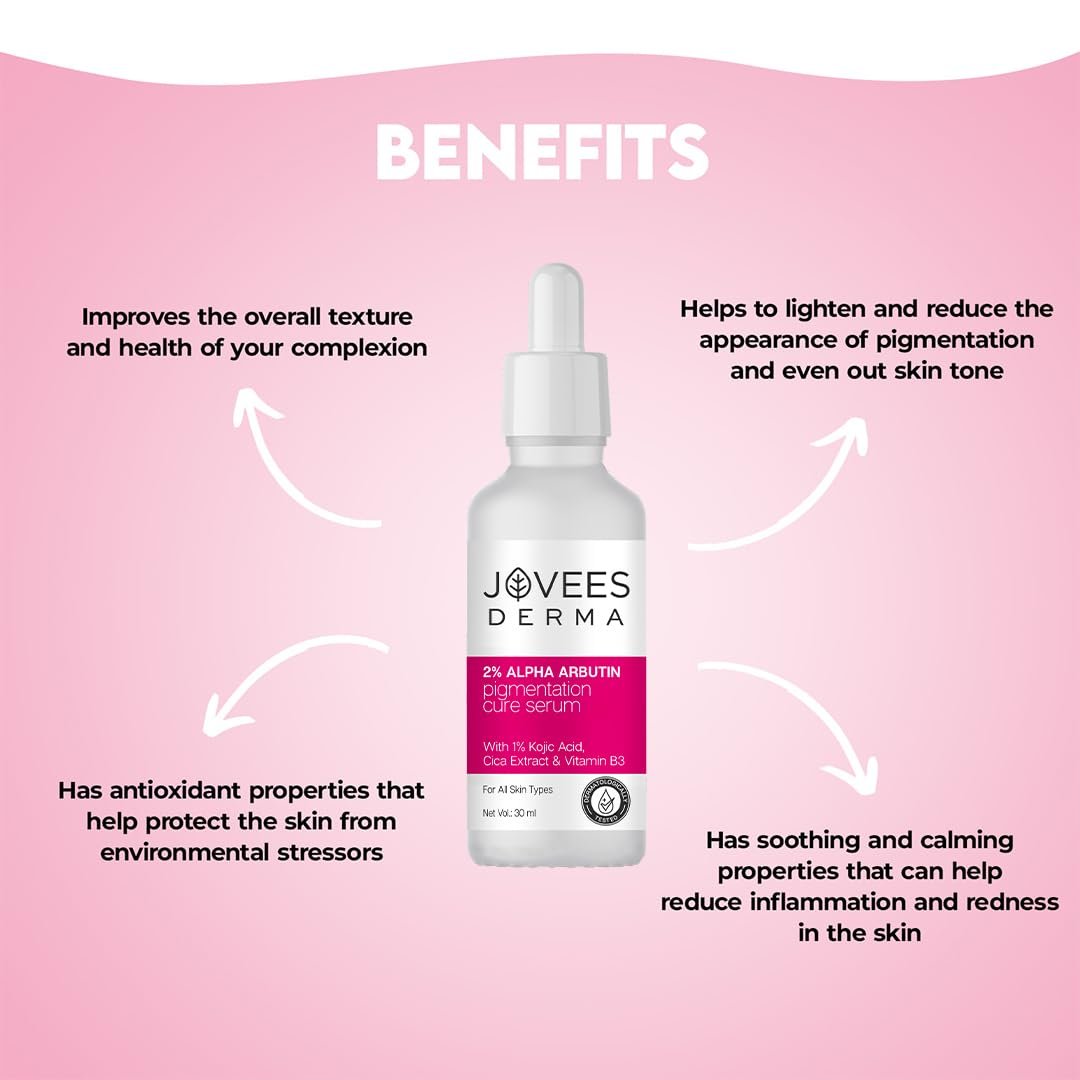 Jovees Herbal 2% Alpha Arbutin Pigmentation Cure Serum With 1% Kojic Acid, Cica Extract & Vitamin B3 | Reduces Blemishes & Improves Skin Texture | Brightens Skin | For All Skin Types | 30 ml thumbnail
