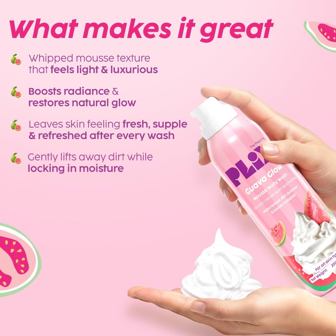 PLIX THE PLANT FIX Guava Mousse Body Wash | Whipped Foaming Cleanser for Glowy, Hydrated & Smooth Skin | Brightening with Vitamin C & Ferulic Acid | 150ml thumbnail