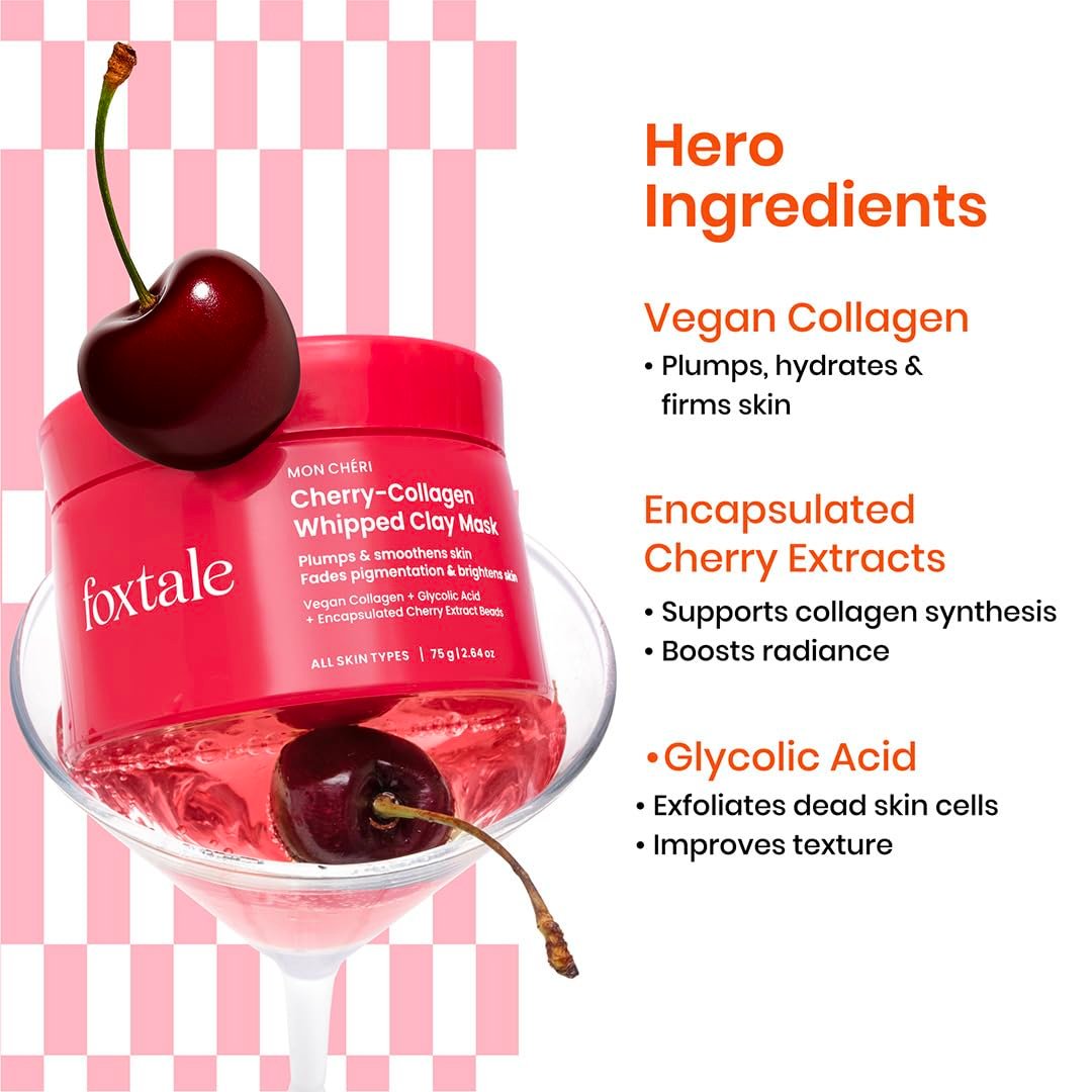 Foxtale Cherry Collagen Clay Mask with Vegan Collagen, Glycolic Acid, PHA & Cherry Beads | Plumps, Firms & Hydrates | Brightens, Detoxifies Pores & Smooths Uneven Skin Texture | 75g thumbnail