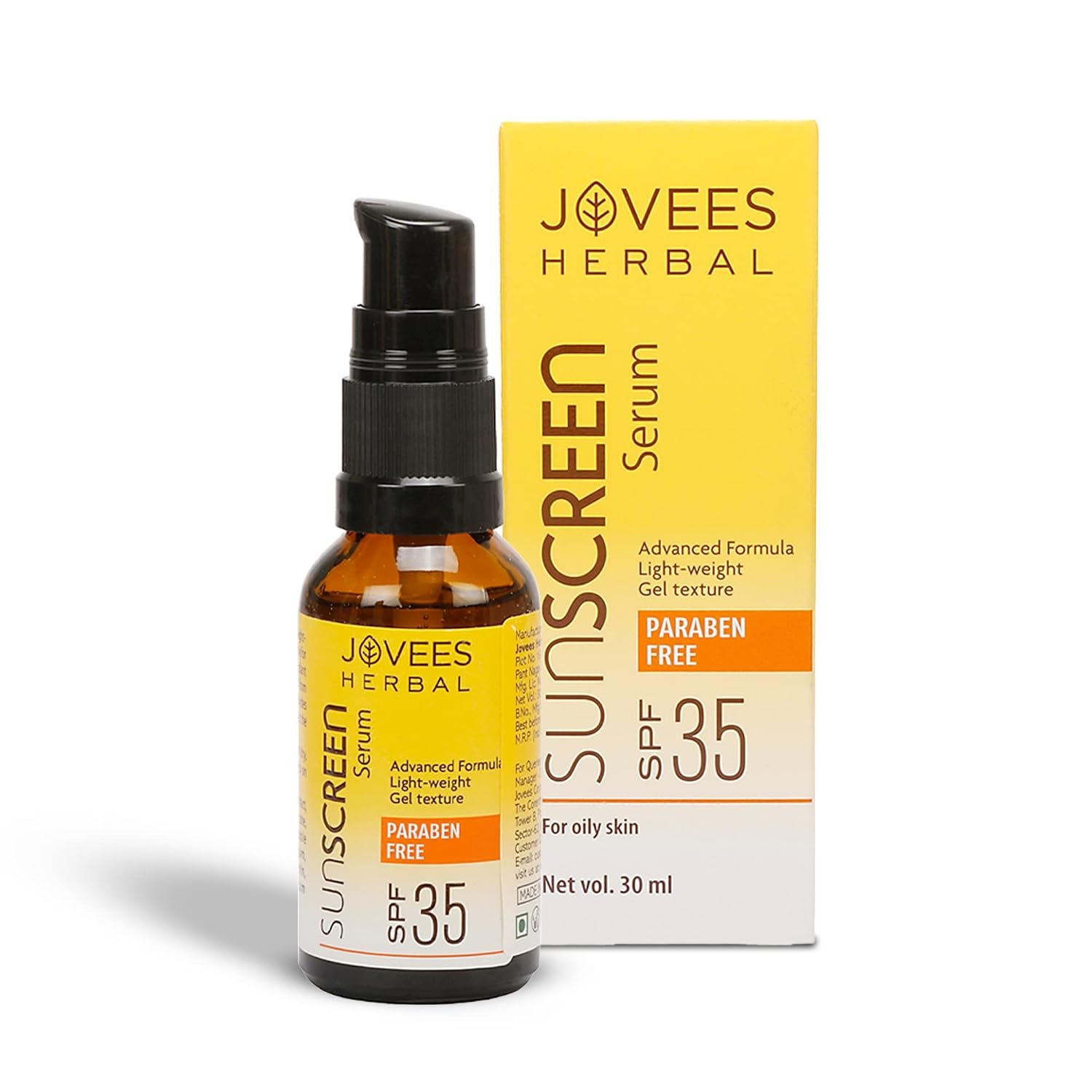 Jovees Herbal Sunscreen Face Serum SPF 35 with Aloe Vera, Carrot and Sunflower Extract, Advanced Light Weight Gel Based Formula For Sun Protection | Sunscreen For Men/Women -30ml