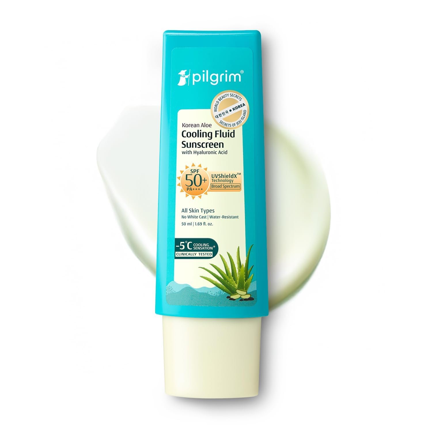 Pilgrim Korean Aloe Cooling Fluid Sunscreen SPF 50+ PA++++ with Hyaluronic Acid | InVivo Tested | No White Cast, Water Resistant| Prevents Tanning | 5°C Cooling Sensation | 50ml
