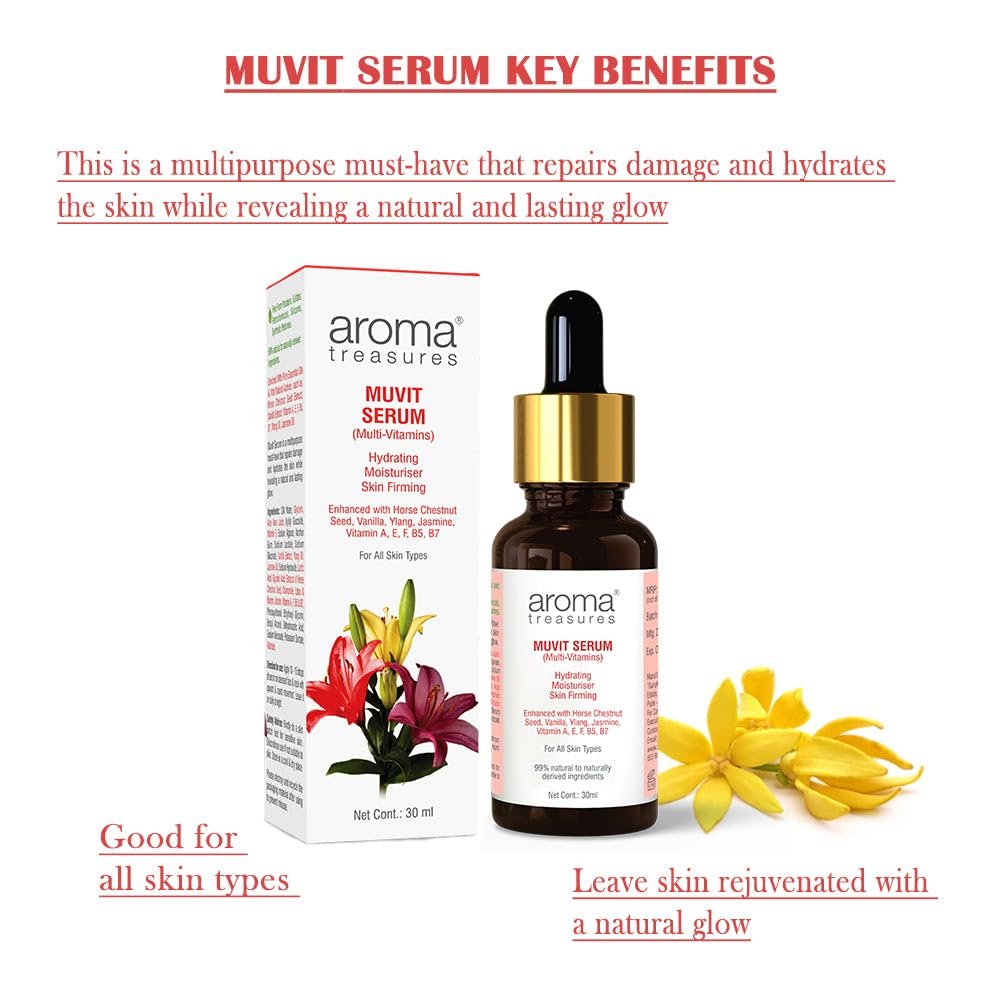 Aroma Treasures Muvit Serum Face Serums | Multi Vitamin enriched with Vitamin A, E, F, B5, B7, Ylang Oil, Jasmine Oil | repairs damage and hydrates the skin | For All Skin Types - 30ml thumbnail