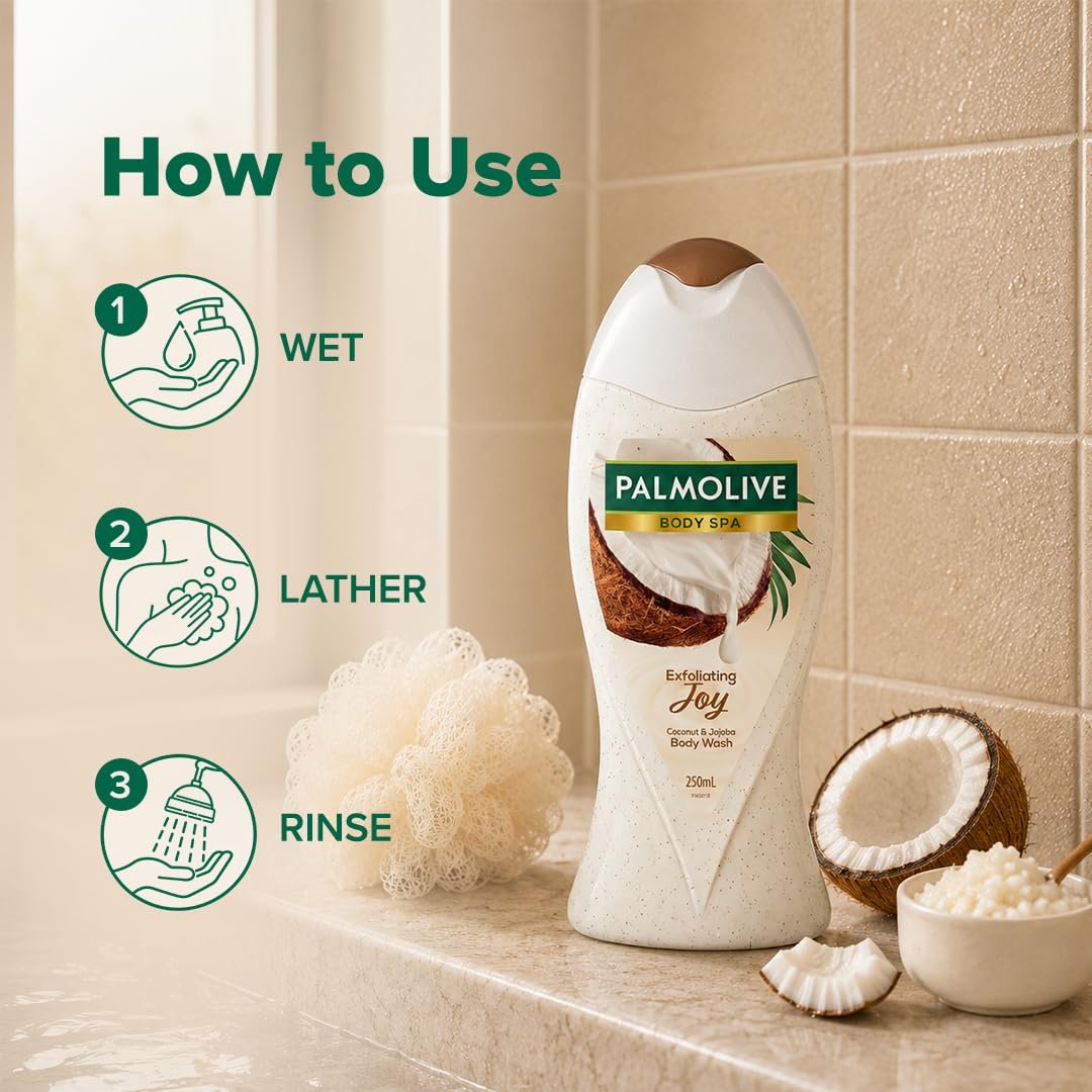 Palmolive Coconut Joy Body Wash, 250ml Crème Based Exfoliating Body Scrub based Bodywash Bottle, Apricot Seed ,Crushed Coconut & Jojoba Butter Extracts For Smooth Skin, PH Balanced Bodywash thumbnail