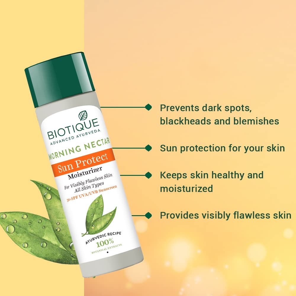 Biotique Morning Nectar Sun Protect Moisturizer SPF 30 UVA/UVB Sunscreen| Contains Wild Turmeric, Neem Leaves, & Morning Nectar | Visibly Flawless Skin | Suitable for All Skin Types | 120 ml thumbnail