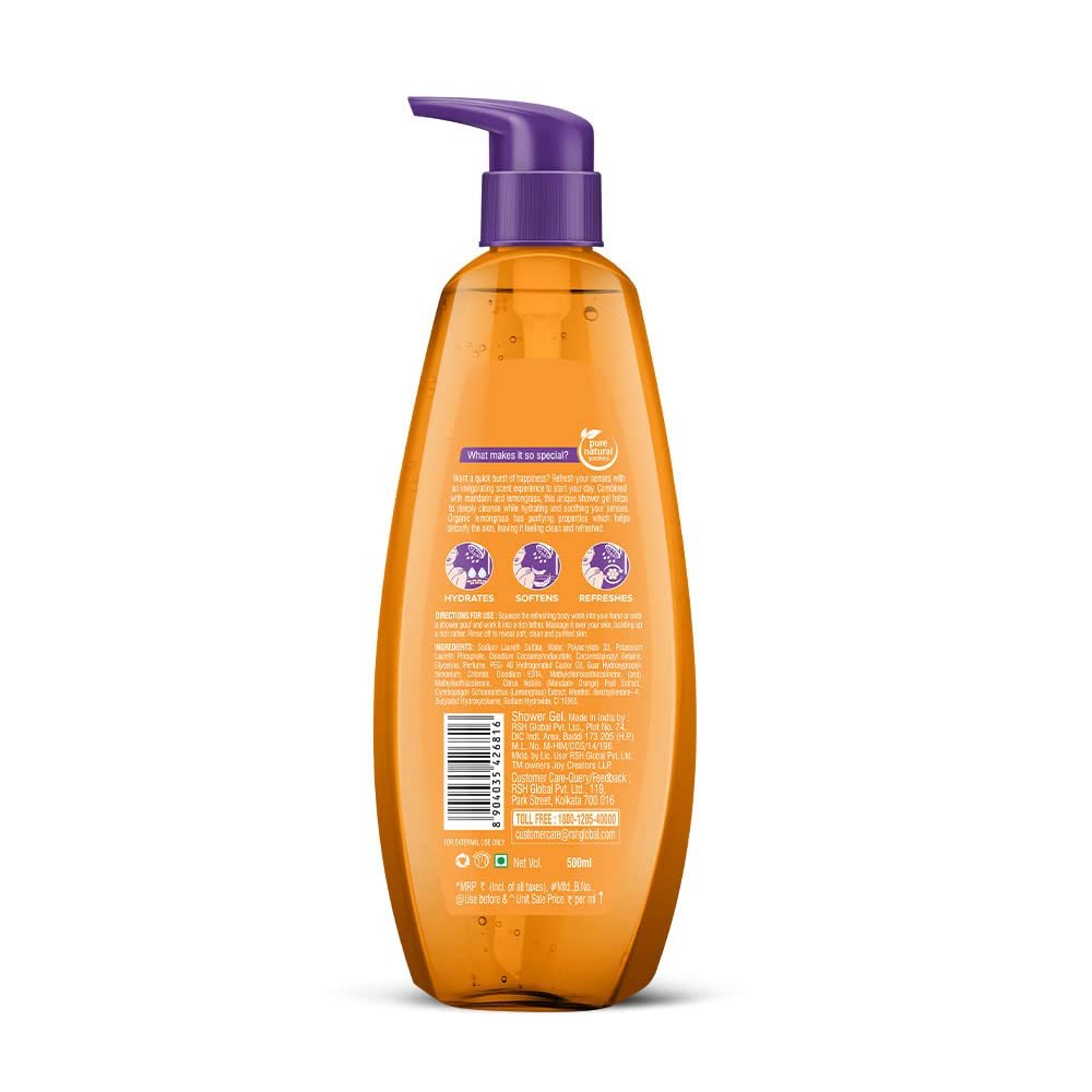 Joy Mandarin & Lemongrass Shower Gel Body Wash (500 ml) | With Vitamin C for Acne Control & Lemongrass for Fighting Body Odour |100% Vegan Shower Gel For All Skin Types | Paraben Free thumbnail