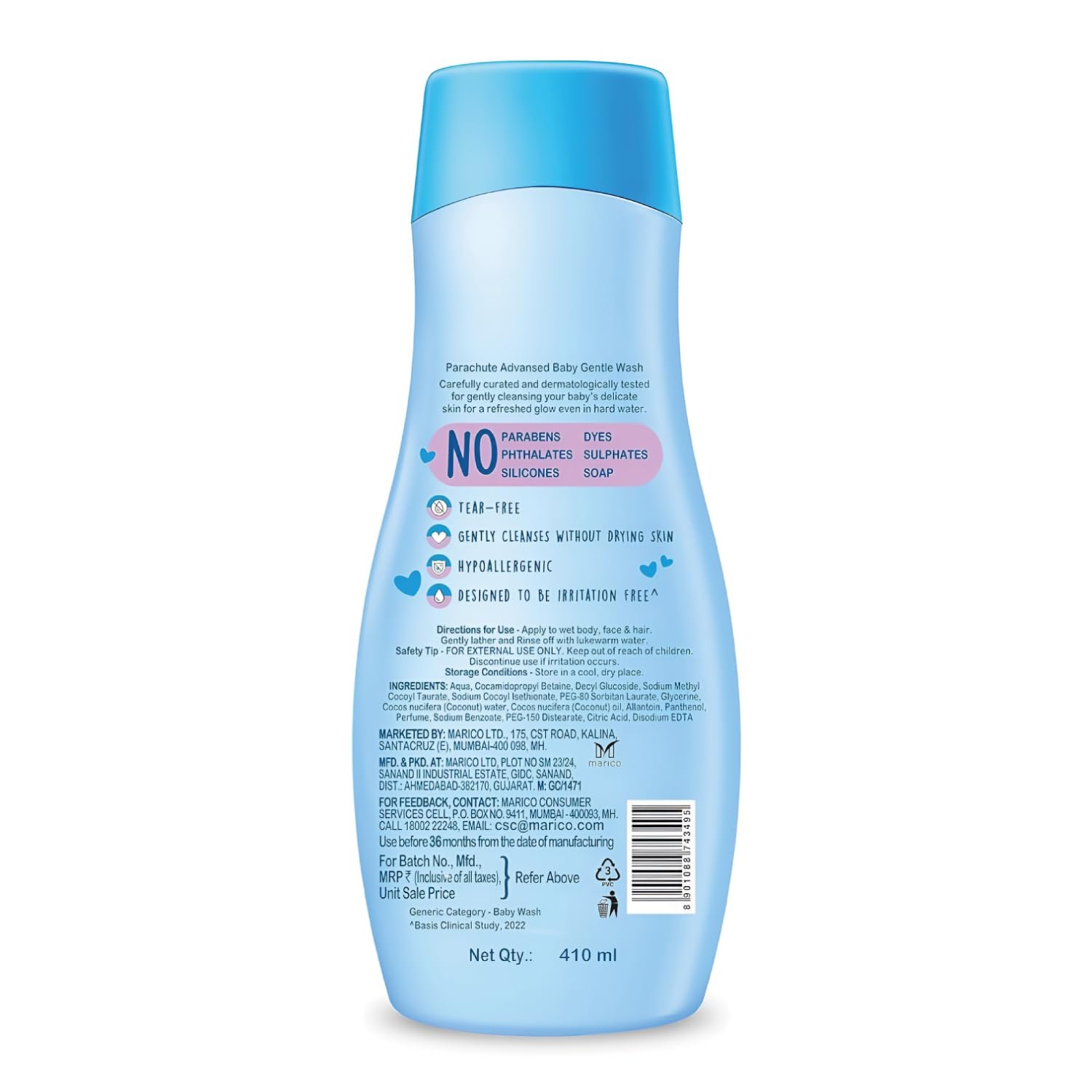 Parachute Advansed Baby Gentle Wash for New Born | Enriched with Virgin Coconut Oil | Gently cleanses in Hard water | Doctor certified | 410 ML thumbnail
