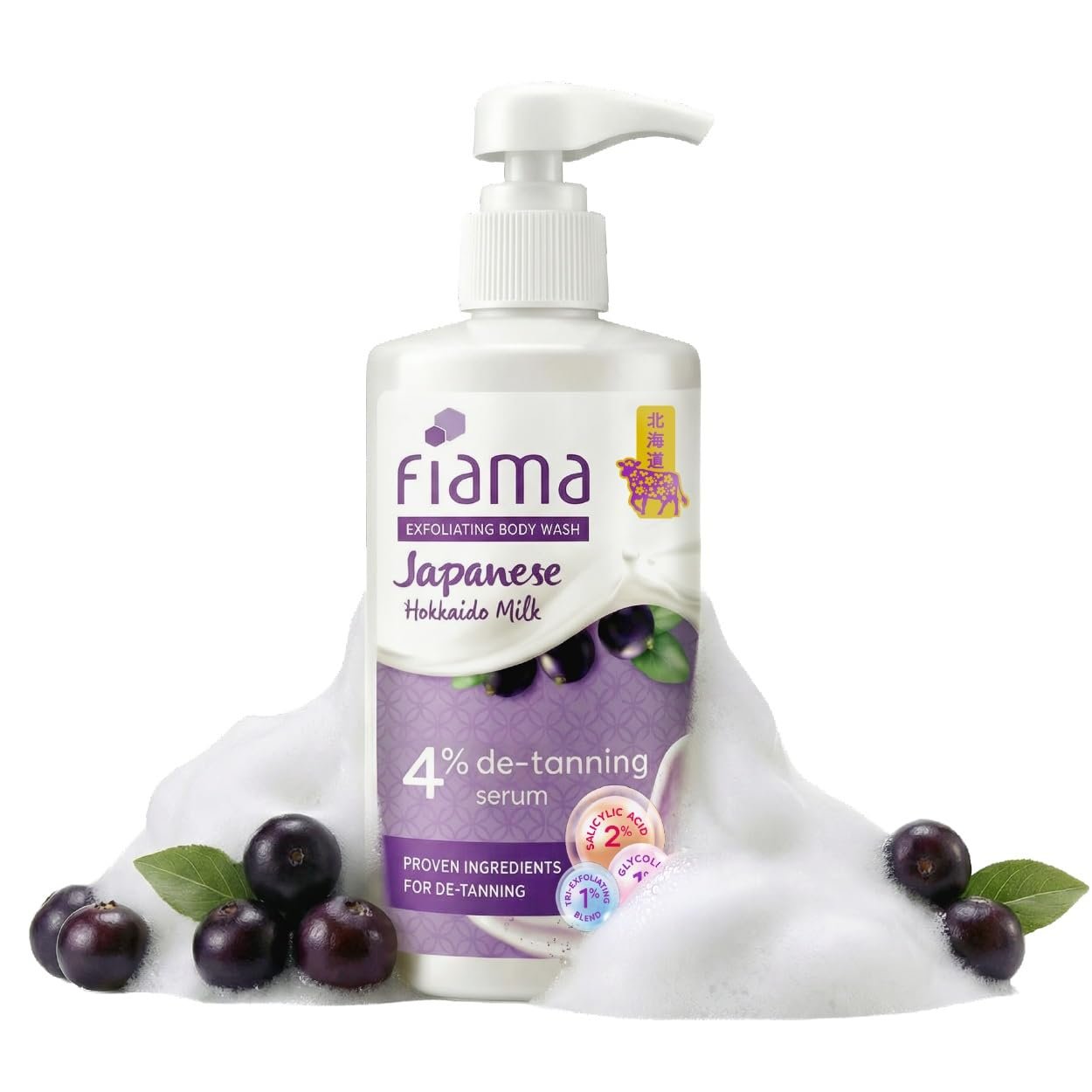 Fiama 4% Detan Serum Exfoliating Body Wash 250ml, 2% Salicylic Acid, 1% Glycolic Acid, 1% Exfoliating Tan Removal Shower Gel, Gently removes dead skin | Exotic Japanese Hokkaido Milk |