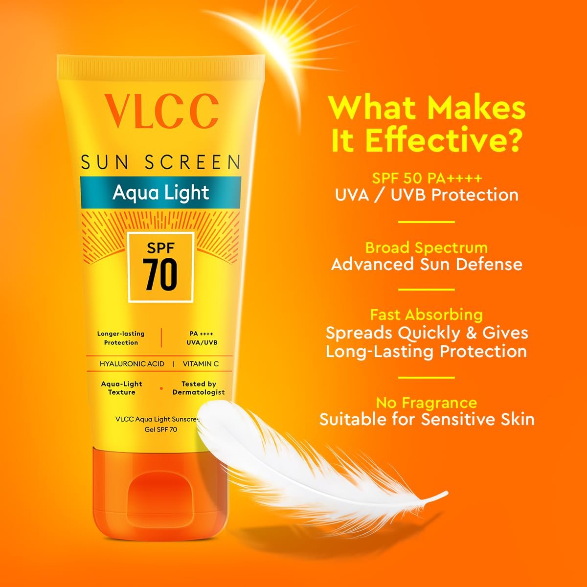 VLCC Aqua Light Sunscreen Gel SPF 70 PA++++ | Ultra-High UV Protection For All Skin Type | No White Cast | Non-Greasy, Fast-Absorbing | Hyaluronic Acid & Vitamin C | 100g thumbnail