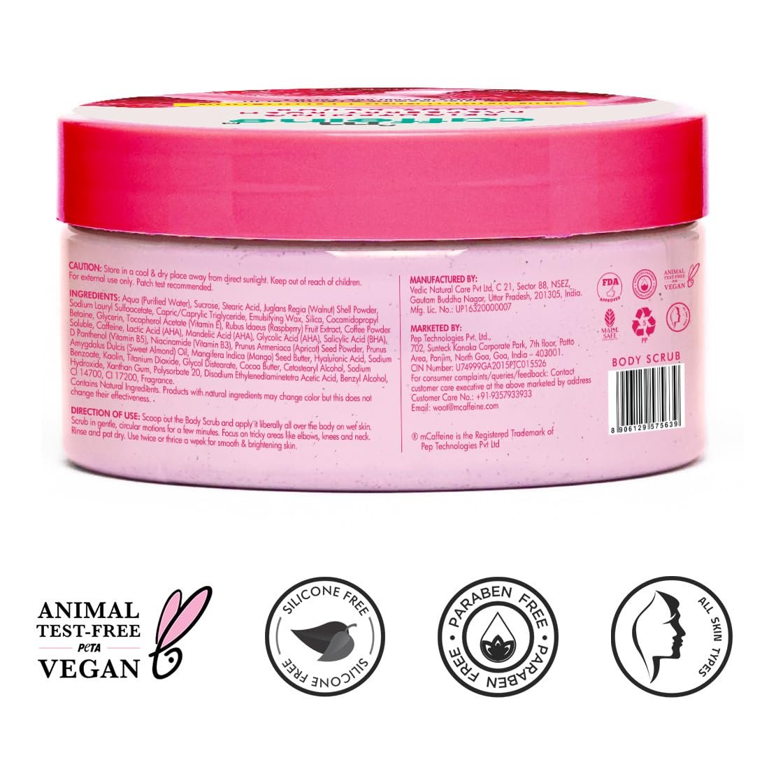 mCaffeine Brightening Raspberry Body Scrub | Tan Removal | AHAs - Lactic & Glycolic Acid, Niacinamide | Vitamin C Rich for Brighter, Soft Skin | Remove Dry, Dead Skin | 175g thumbnail