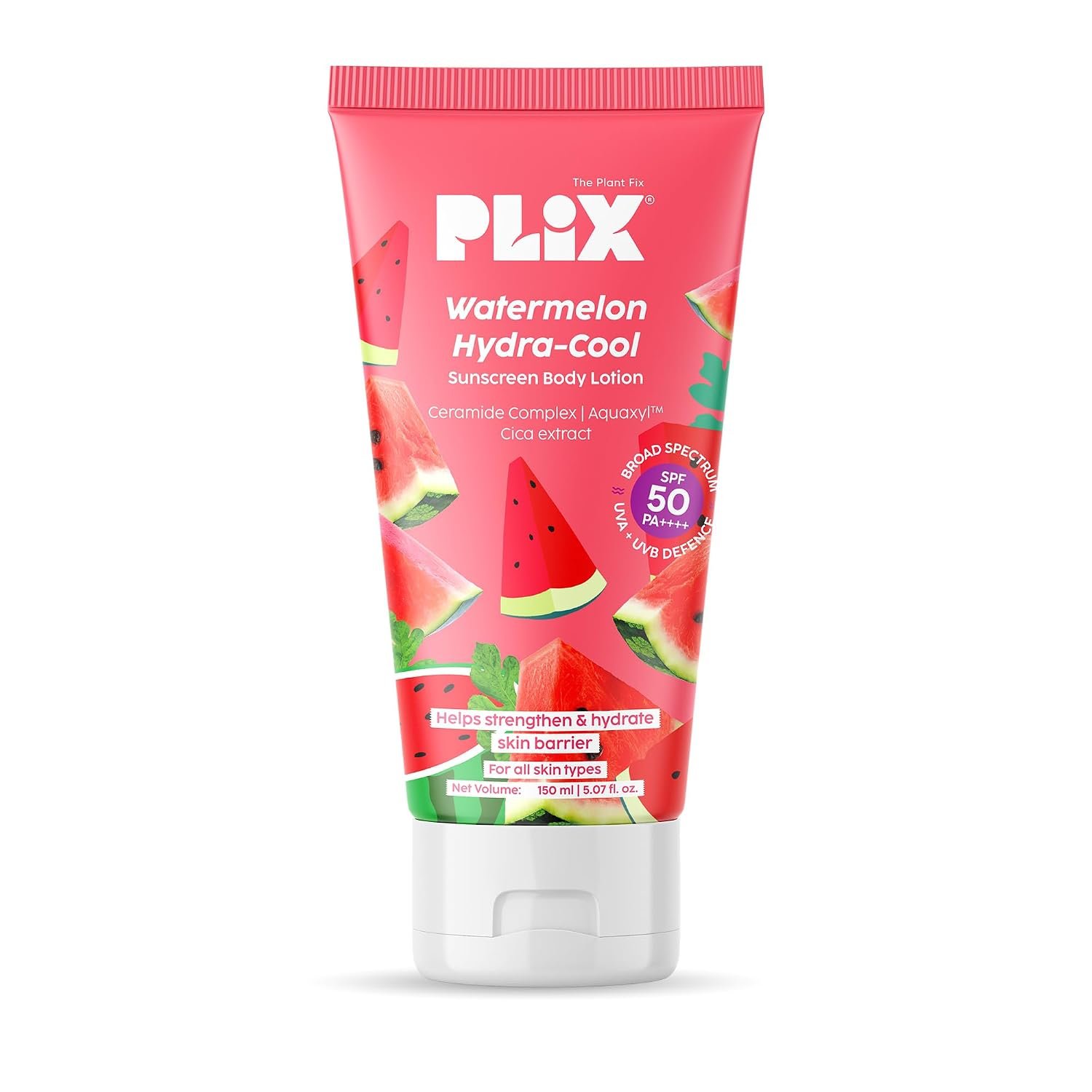 PLIX - THE PLANT FIX Watermelon Hydra-Cool Sunscreen Body Lotion With SPF 50 | PA++++ | Ceramides, Cica, Aquaxyl & Frescolat® ML | Lightweight 2-in-1 Body Lotion + Sunscreen (Pack of 1, 150m