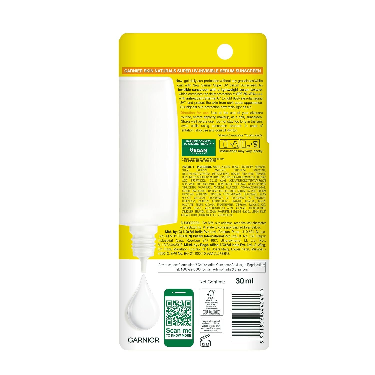 Garnier Super UV Invisible Serum Sunscreen SPF 50 PA++++ UVA/B, 30ml SPF 50 PA++++ UVA/B for Broad Spectrum | Lightweight with Vitamin C | For Men & Women thumbnail
