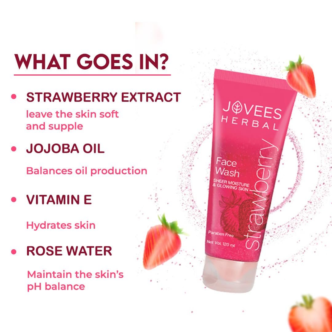 Jovees Herbal Strawberry Face Wash For Hydrating & Glowing Skin with Strawberry Ext. | Gentle Cleanser For Brightens Skin, Removes Pigmentation | For Normal to Dry Skin Types - 120ML thumbnail