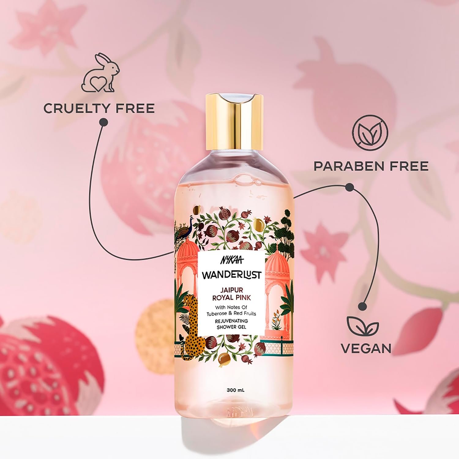 Nykaa Wanderlust Jaipur Royal Pink Fruity Perfume Body Wash, Pomegranate & Musk, Hydrating Shower Gel for Smooth & Soft Skin, Long-lasting Fragrance, No Paraben thumbnail
