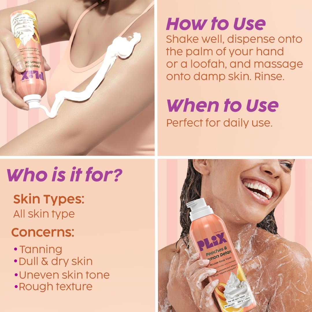 Plix Peaches & Lemon De-Tan Mousse Body Wash | Glycolic Acid & Ceramides | Hydrating Mousse Body Wash with Fruit Extracts | Smooth, Bright Skin thumbnail