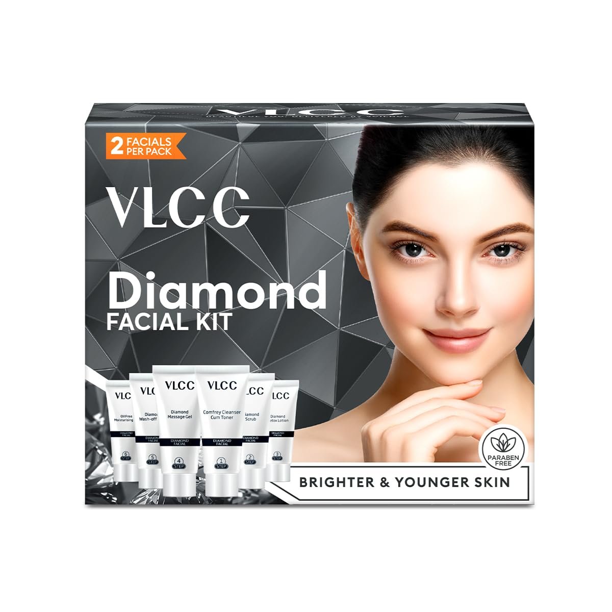 VLCC Diamond Facial Kit - 60g | Purifying with Parlour Glow | Improves Elasticity, Brightens and Helps Lighten Patchy, Damaged Skin thumbnail