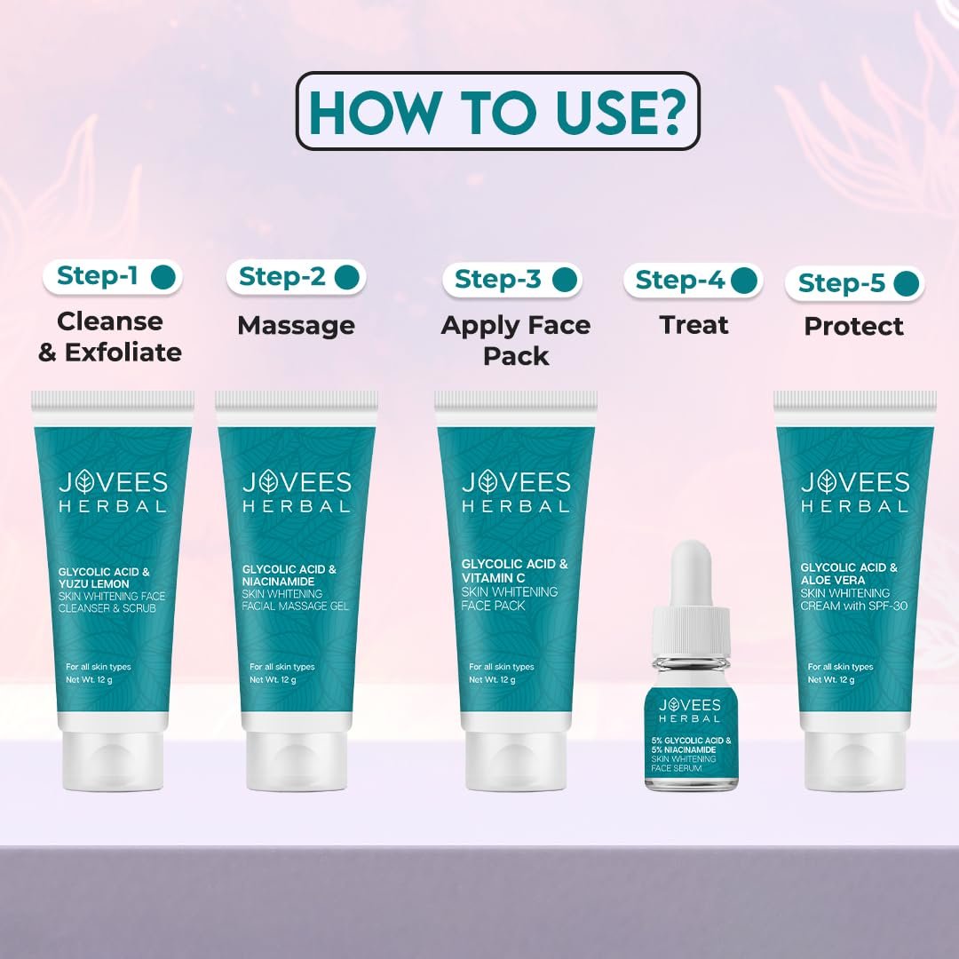 Jovees Herbal Glycolic Acid & Niacinamide Whitening Mini Facial Kit For Brighter & Hydrated Skin | Kit for Improves Uneven Skin Tone, Dark Spots & Dullness 53g (Multiple Use) thumbnail