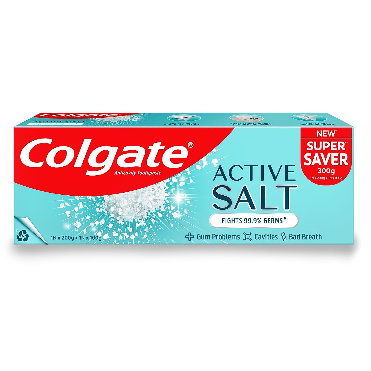 Colgate Active Salt Toothpaste, Germ Fighting Toothpaste for Healthy Gums and Teeth, Tooth Decay Prevention, Gum Protection, Eliminates Bad Breath, Plaque Removal (300g/200g X 1 and 100g X 1 thumbnail
