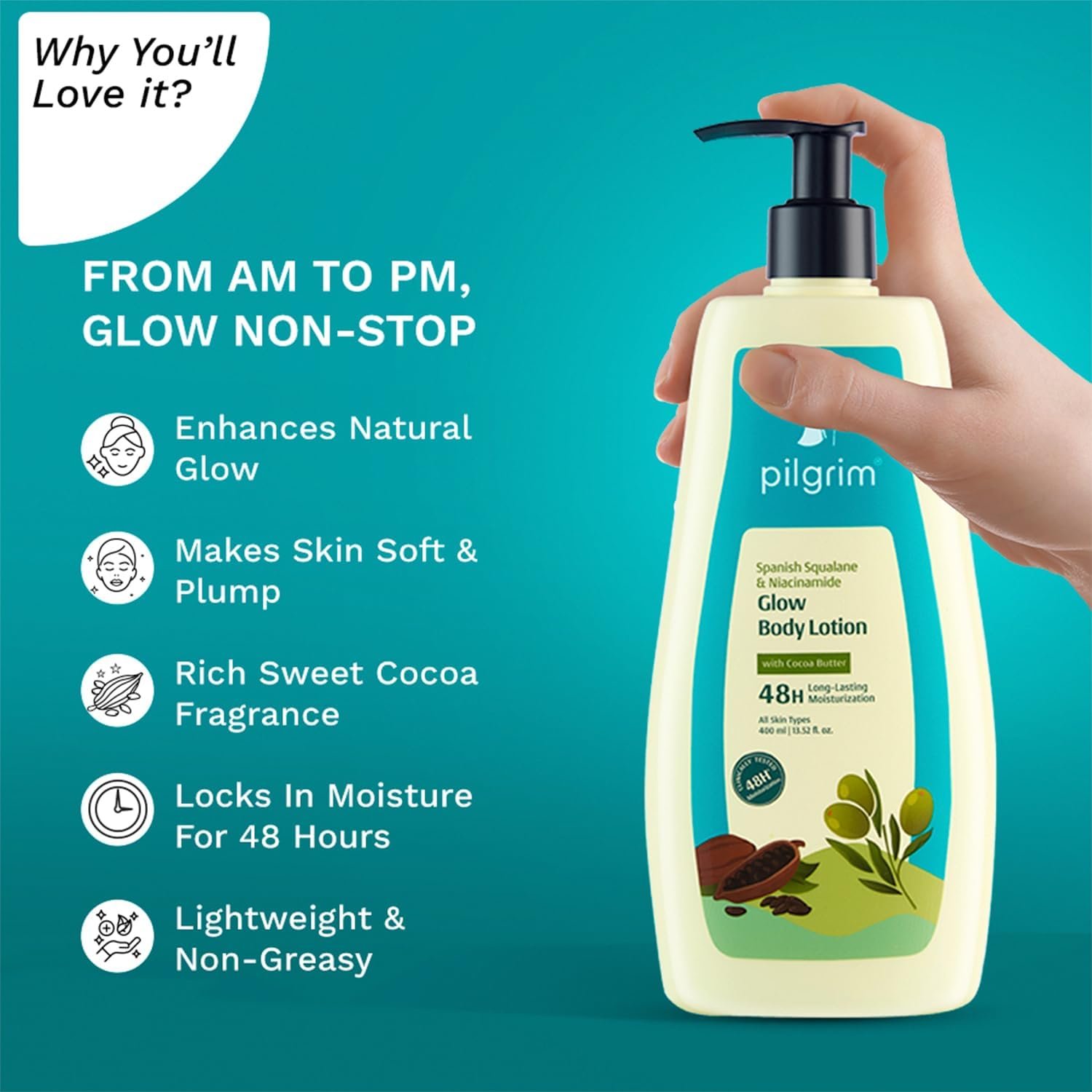 Pilgrim French Red Vine & Hyaluronic Acid Ultra Smooth Body Lotion | 48H Moisturization | Body lotion for dry skin | Infused With Cocoa Butter | For All Skin Types 400ml thumbnail