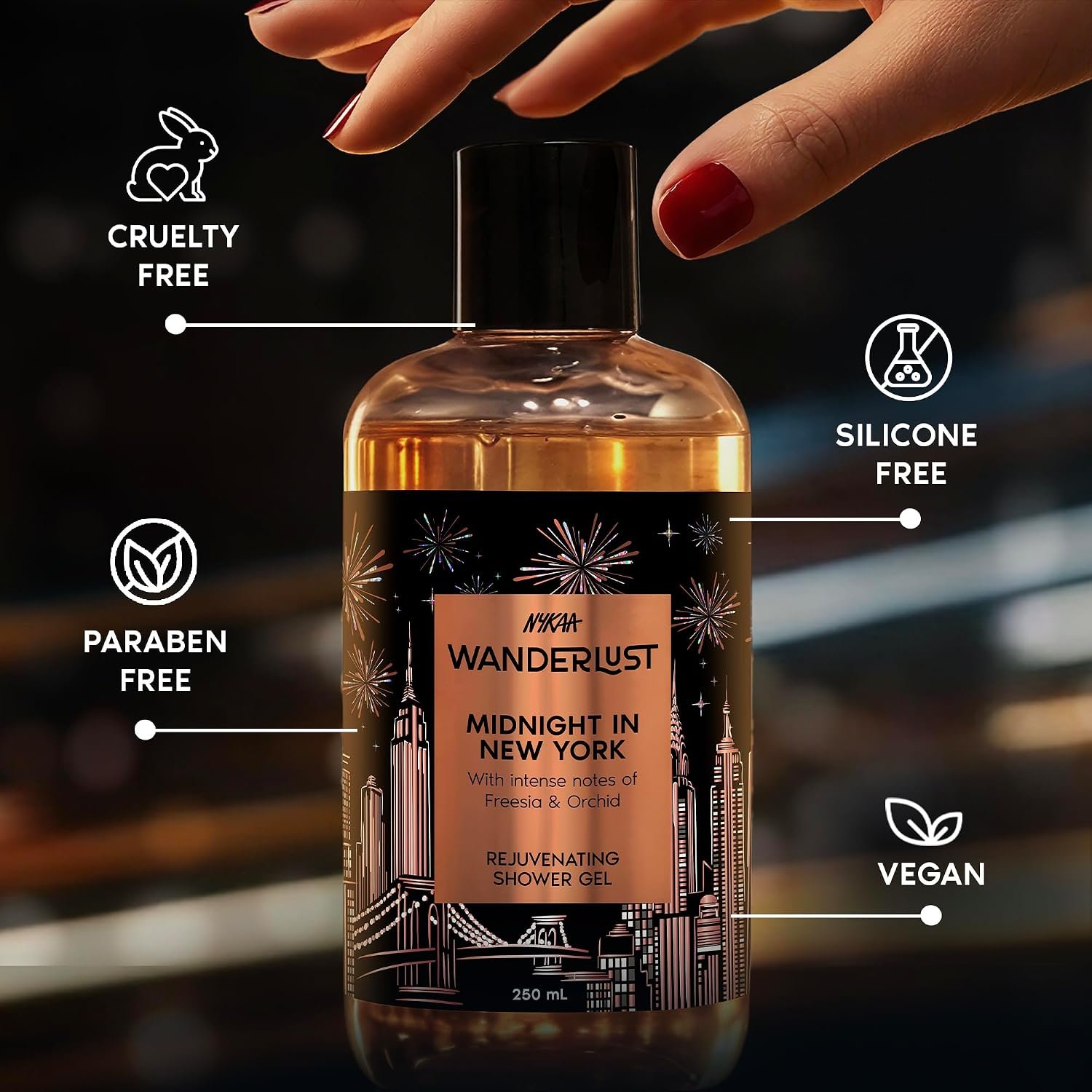 Nykaa Wanderlust Midnight in New York Detan Floral Perfume Body Wash, with Niacinamide, Vitamin E & Glycerine, Orchid & Musk, Shower Gel for Smooth & Soft Skin | 250 ml thumbnail
