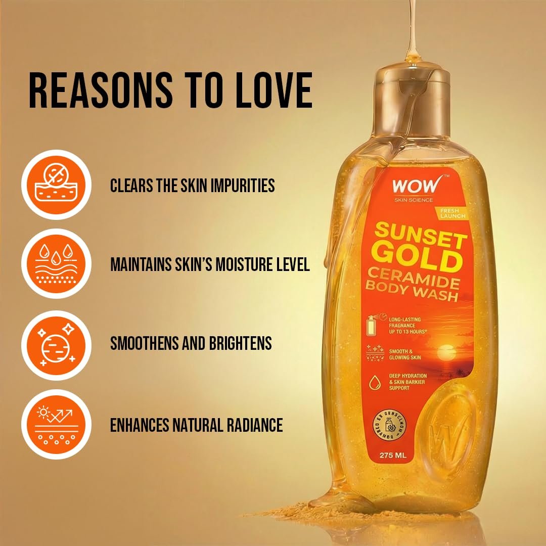 WOW Skin Science Sunset Gold� Ceramide Body Wash | Ceramide for Deep Hydration & Skin Barrier Support | Ubtan with Turmeric & Saffron for Glow | 12-Hour Fragrance with Cerabloom� | 275 ml thumbnail