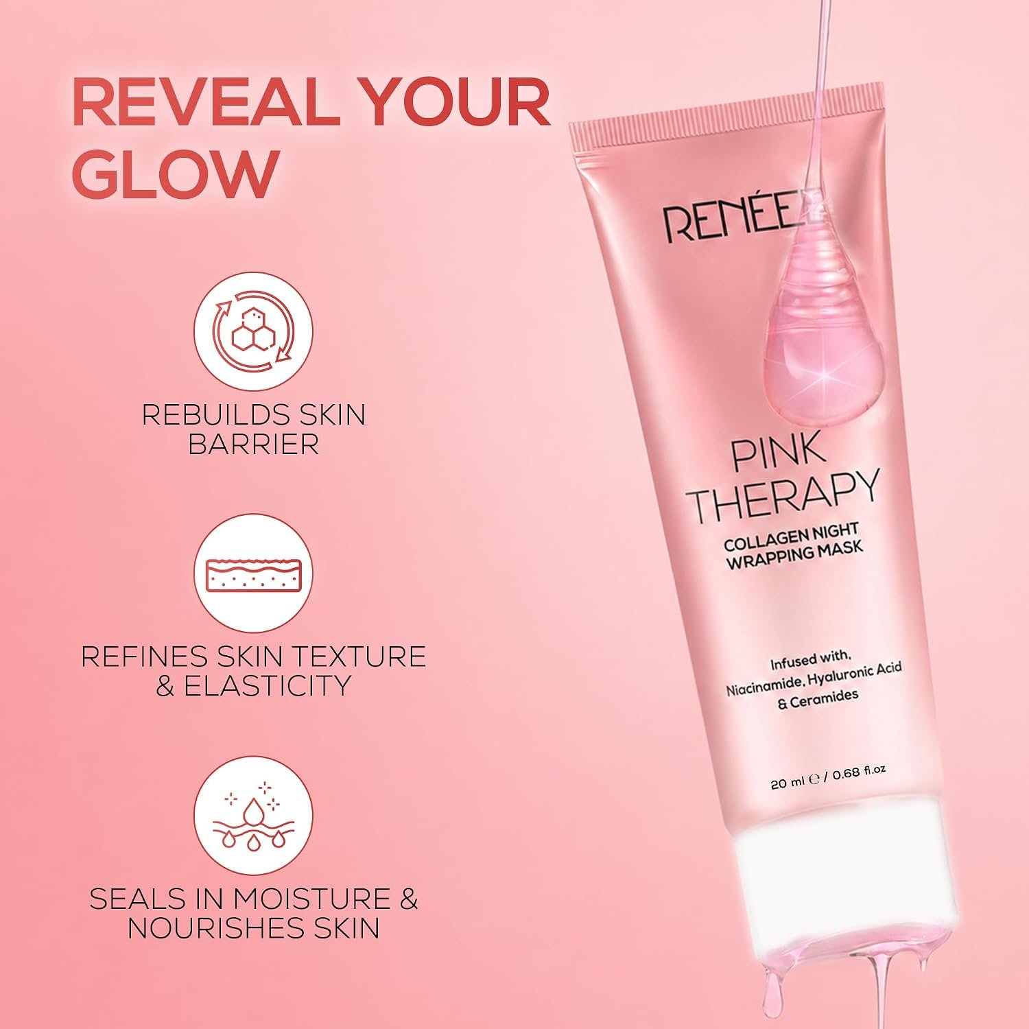 RENEE Pink Therapy Collagen Night Wrapping Face Mask, 20 ml For Young, Hydrated Skin, Texture & Elasticity, Improves Skin Barrier, Hyaluronic Acid & Niacinamide Infused thumbnail