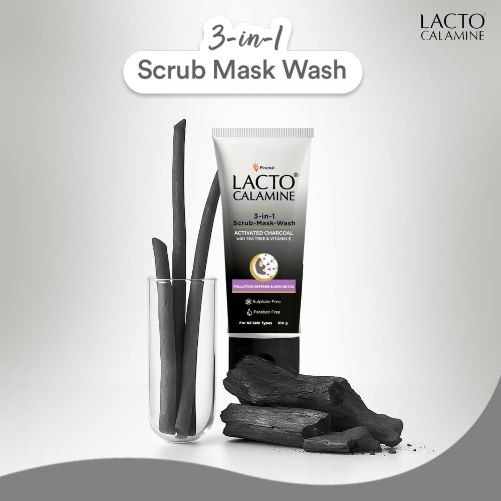 Lacto Calamine 3-in-1 Charcoal Face Scrub-Mask-Wash for Pollution Defence | 100 ml x 1 | Multi-action Encapsulated Charcoal Face Wash, Face Scrub thumbnail