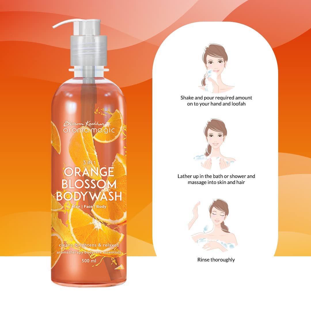 Aroma Magic 3 in 1 Orange Blossom body wash | Nourishes & soothes skin, heals blemishes, treats acne with Applecider vinegar, orange extract, vitamin E | 220ml thumbnail