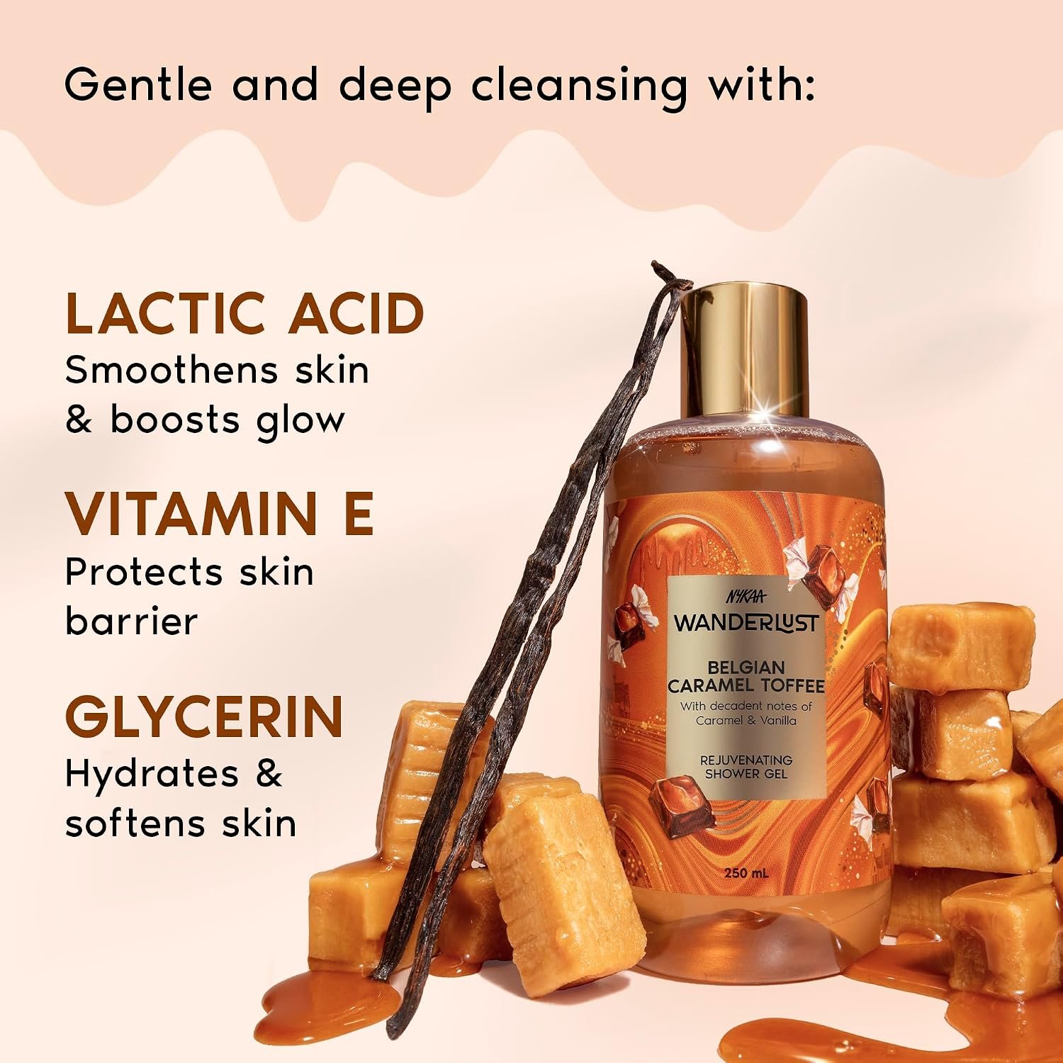 Nykaa Wanderlust Belgian Caramel Toffee Exfoliating Perfume Body Wash, Lactic Acid & Vitamin E, Caramel & Vanilla, Hydrating Shower Gel for Smooth & Soft Skin, Long-lasting Fragrance, No Par thumbnail