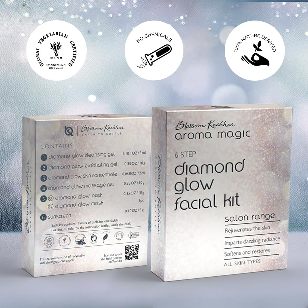 Aroma Magic 6 step Diamond Glow Facial Kit Set | Rejuvenates skin, restoring radiance & softness | Mint & Neem Extract, Vitamin E, Aloe Vera | All Skin | 5 Single Use Kit | Pack of 1 thumbnail