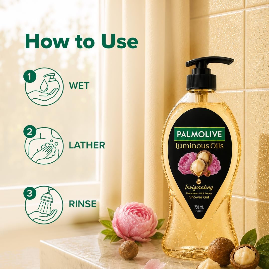Palmolive Luminous Oil Invigorating Body Wash, 750ml Pump Bottle, 100% Natural Macadamia Oil & Peony Extracts For Everyday Freshness & Radiant Skin, PH Balanced Bodywash thumbnail