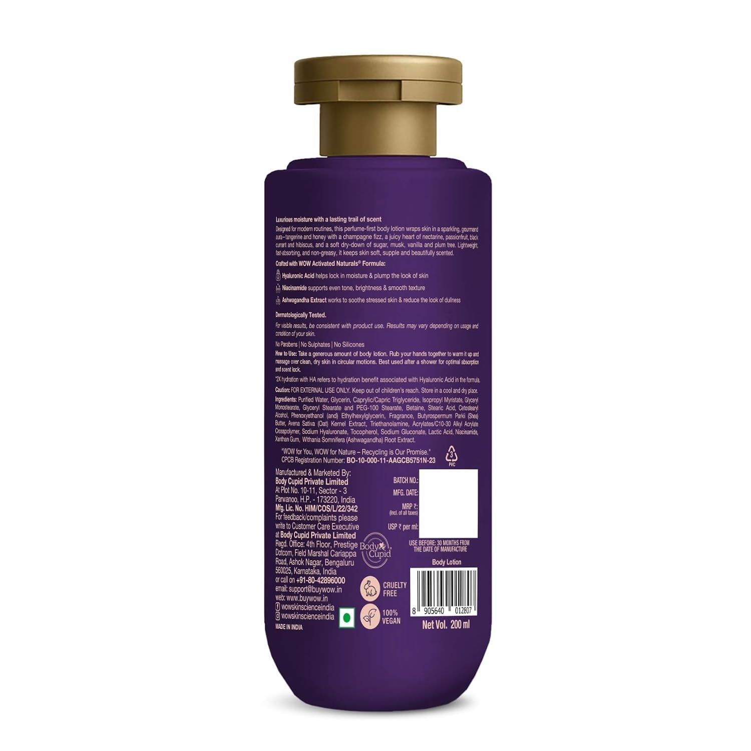 WOW Skin Science Velvet Nectar Perfume Body Lotion | 6% Hydra Barrier Complex | Hyaluronic Acid, Niacinamide & Ashwagandha 200ml thumbnail