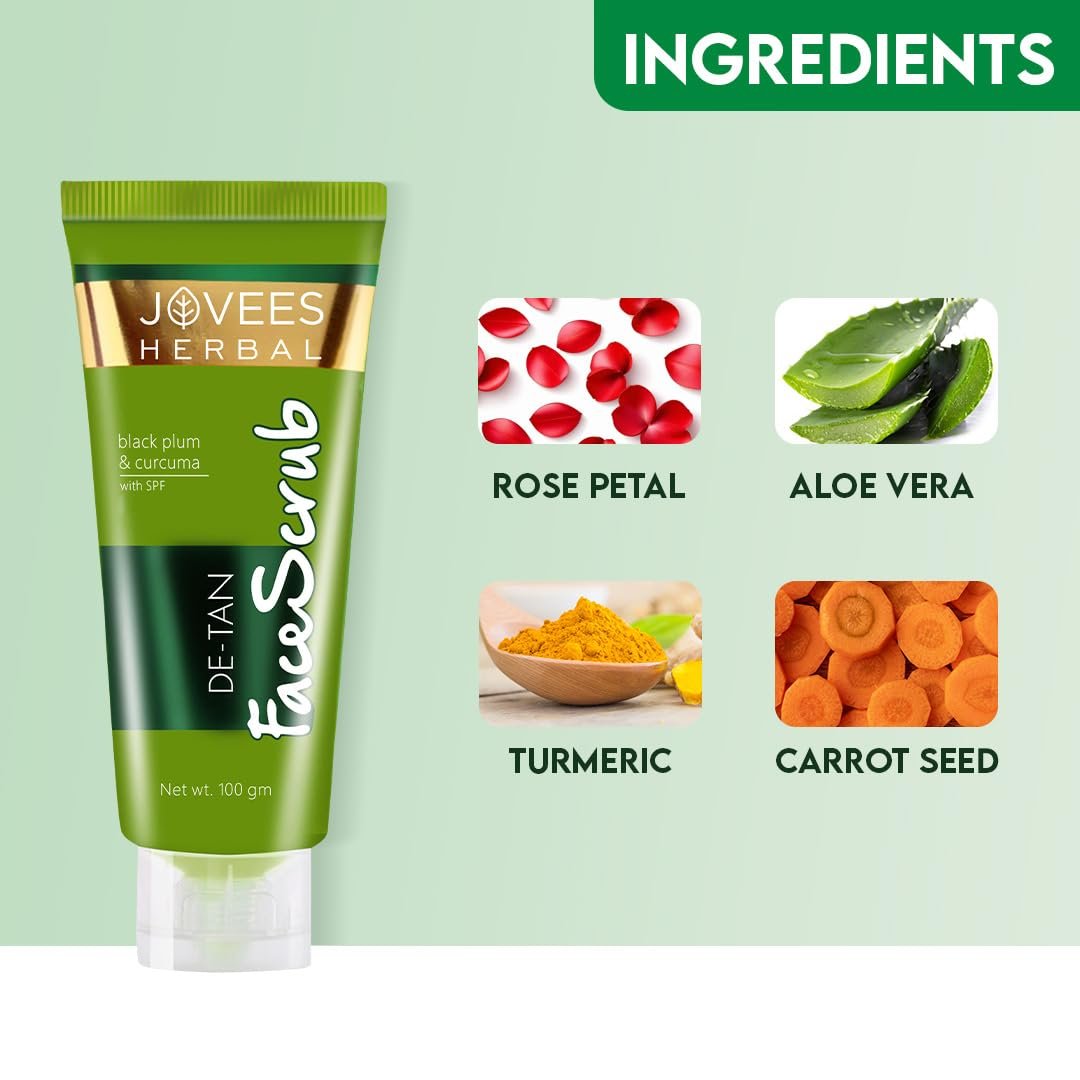 Jovees Herbal De-Tan Scrub With SPF For Brightening & Revitalizing Face Scrub | Remove Dead Skin | Gentle Exfoliation, Smooth and Clear Complexation With Turmeric & Aloe Vera | 100g thumbnail