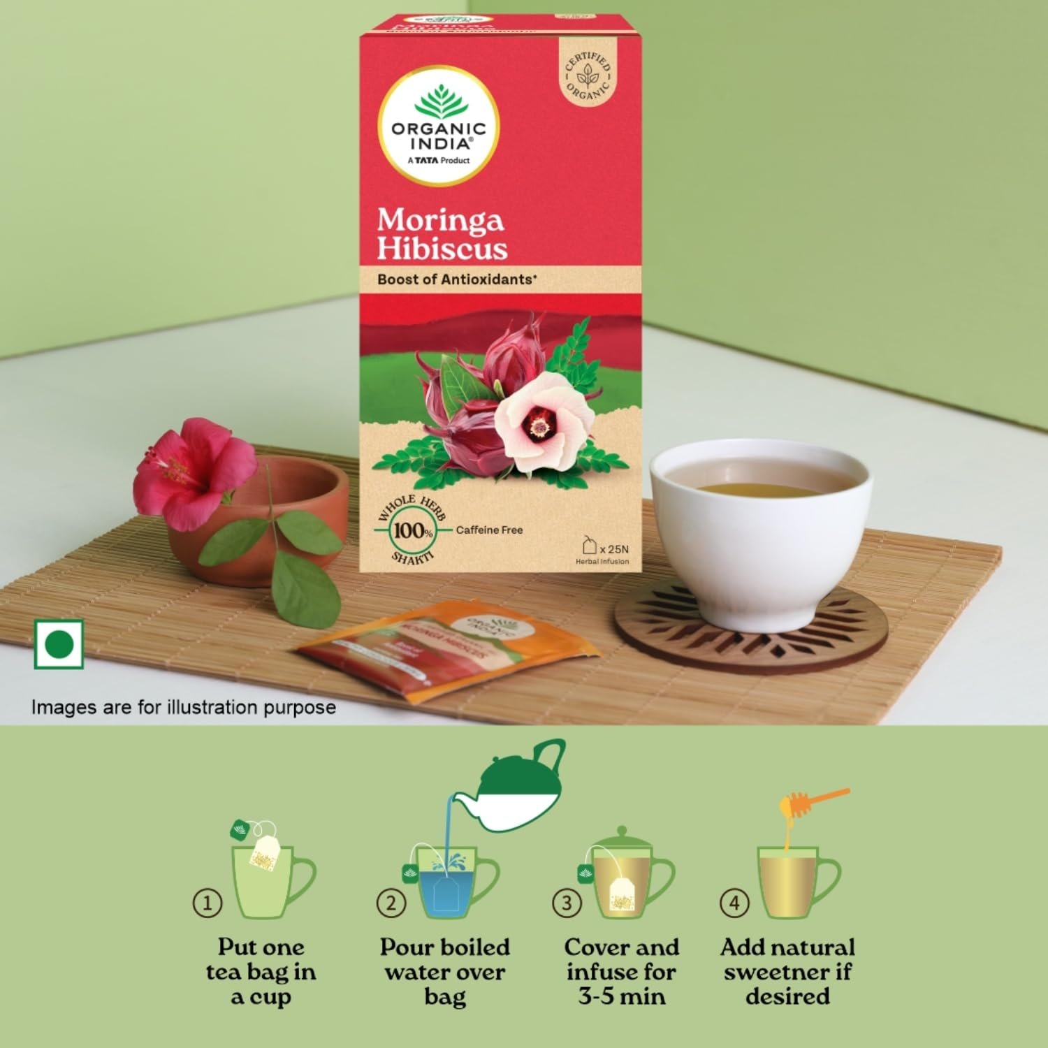 A TATA Product - Organic India Moringa Hibiscus Infusion, 25 Tea Bags, Certified Organic, Antioxidant-Rich, Caffeine-Free, Whole Herb Blend thumbnail