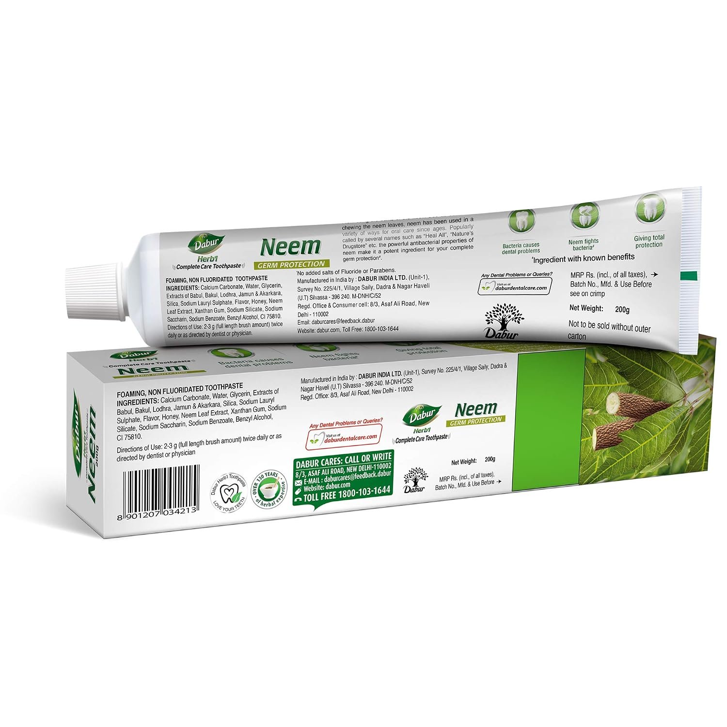 Dabur Herb'l Neem Toothpaste 200g | Neem-Enriched Germ Protection Oral Care | Helps Maintain Healthy Teeth & Gums | Fresh Breath thumbnail