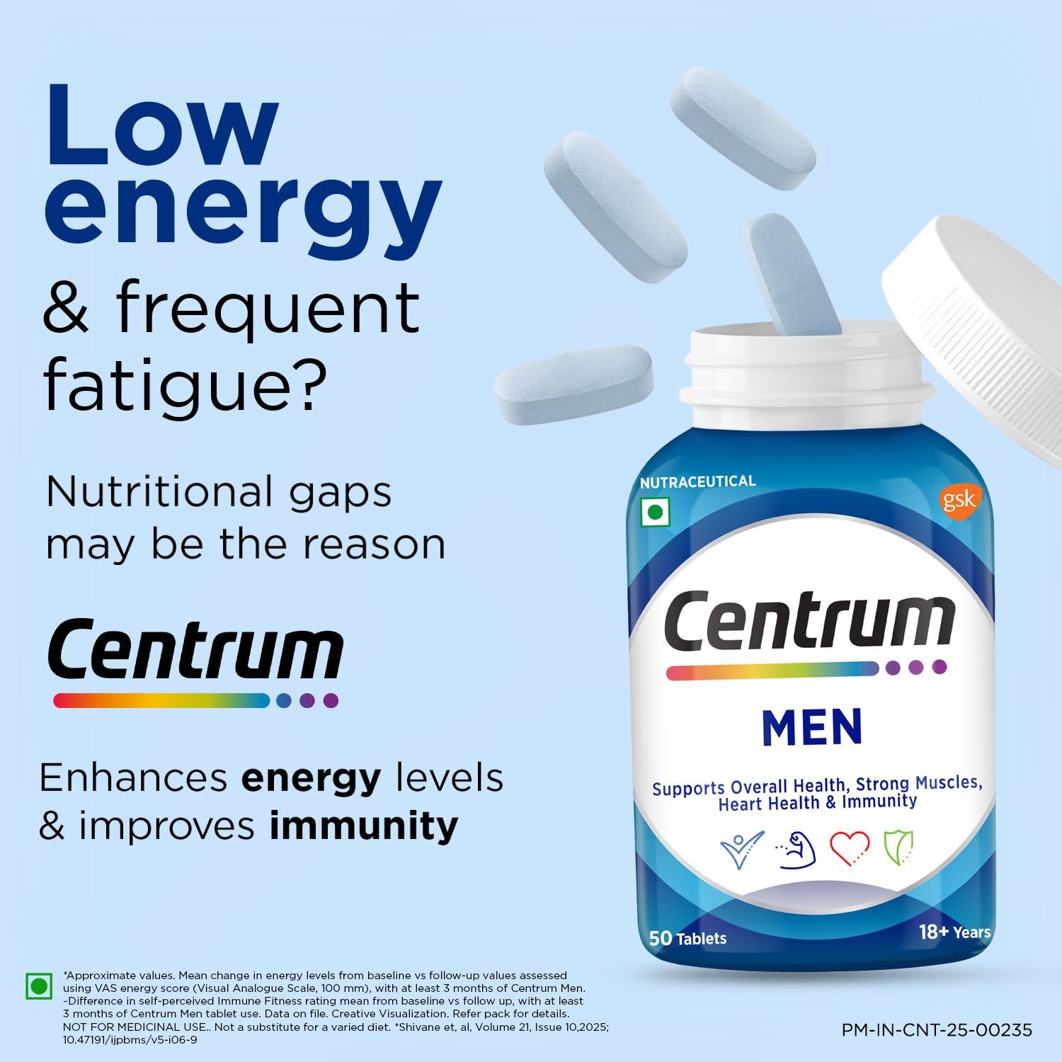 Centrum Men - Multivitamin Tablet for Men | With 23 Vital Nutrients including Zinc, Magnesium, Vitamin B, C, D, Calcium for Energy, Immunity, Muscles and Overall Health | Veg - 50 tablets thumbnail