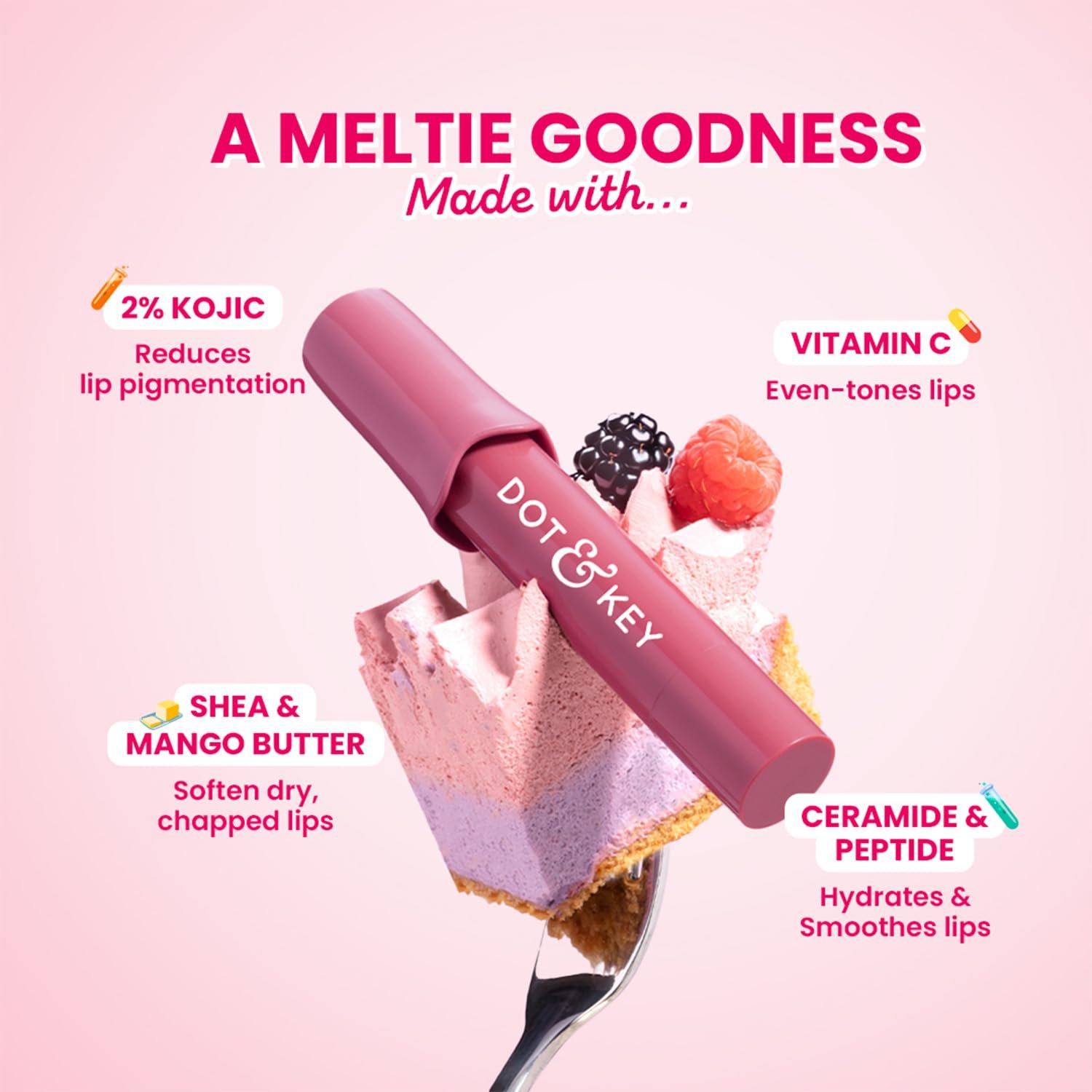Dot & Key Meltie Lip Balm SPF 50+ In-Vivo Tested With 2% Kojic & Vitamin C | Hydrates Dry, Chapped Lips, Lightens Pigmentation, Brightens Lips Berry Crumble | 4g thumbnail