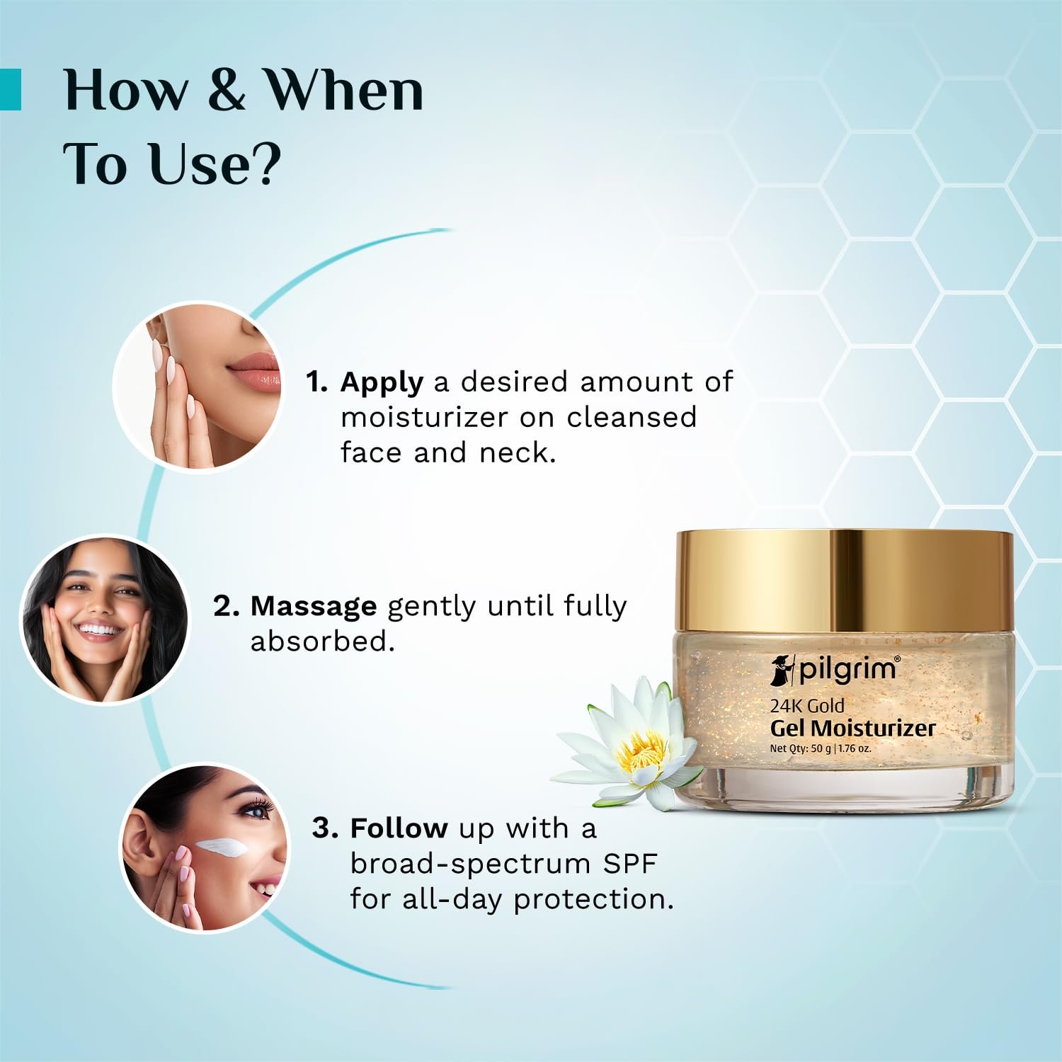 Pilgrim 24k Gold Gel Moisturizer with Hyaluronic Acid & Alpha Arbutin for men & women 50gm | Moisturizer for face | Reduces dark spots | Gives luxurious glow | Non-greasy thumbnail