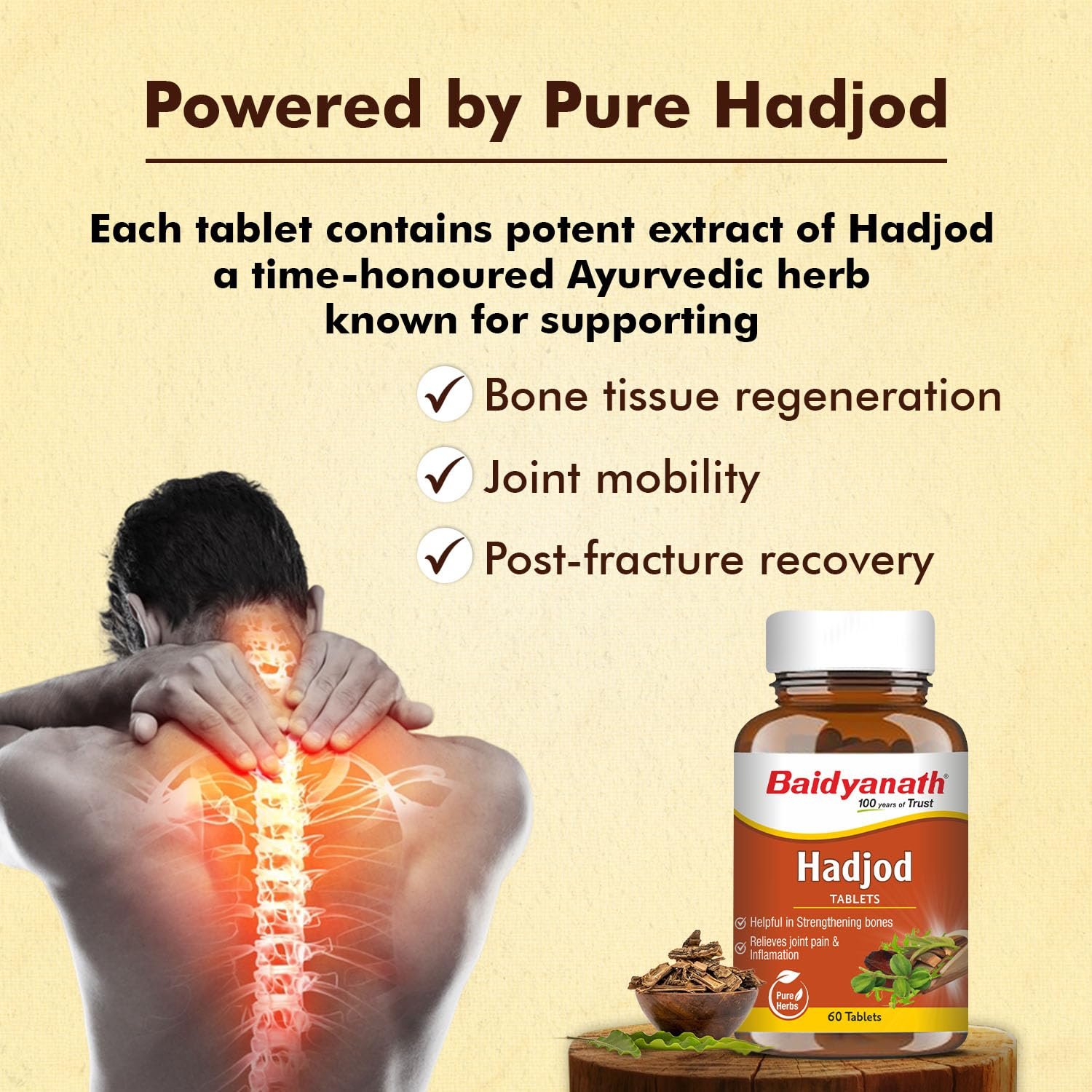 Baidyanath Ayurved Hadjod - 60 Tabs | Pure Natural Ayurved Tablets | For Joint Health, Wellness Tablets | Helps in Weight And Bone Support thumbnail