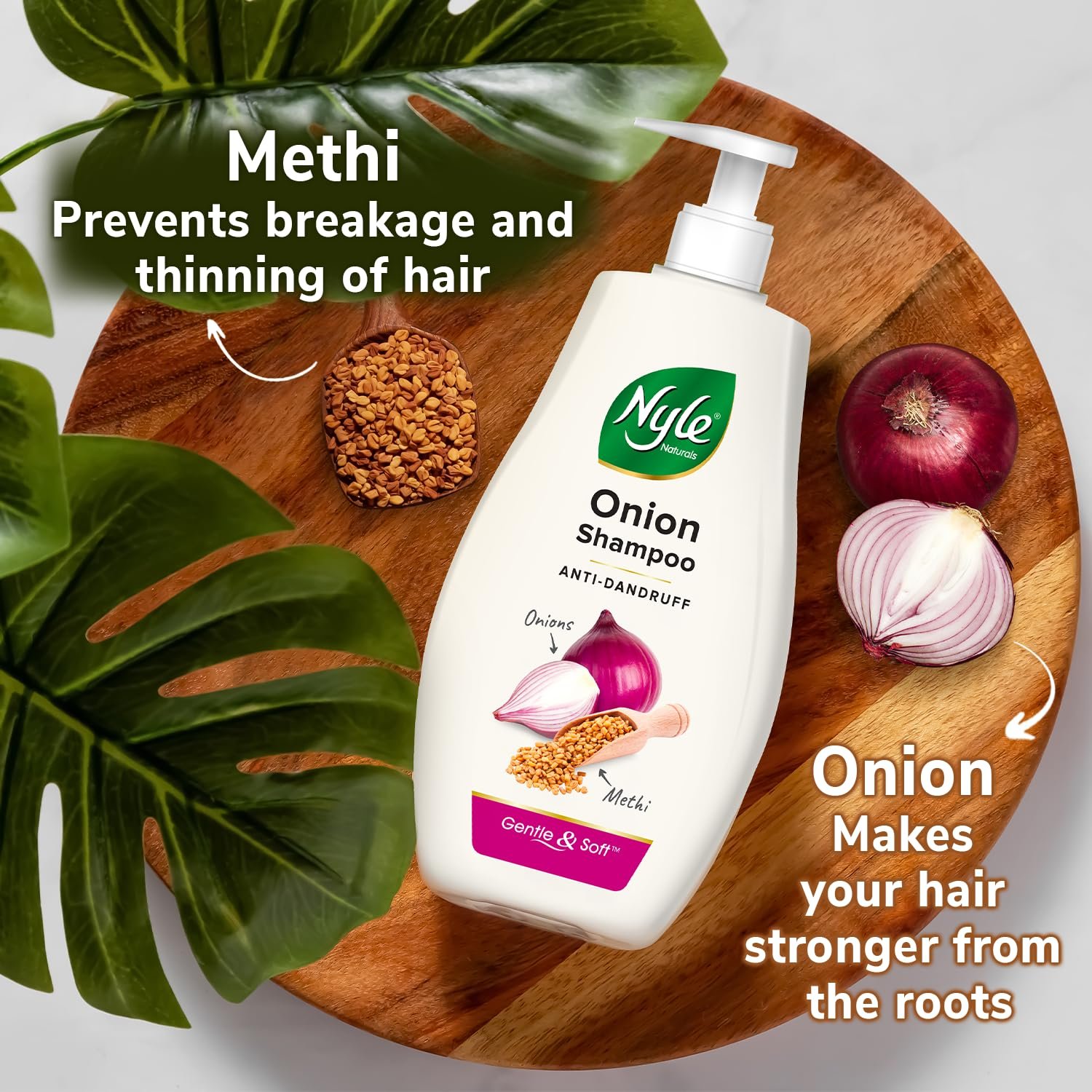 Nyle Naturals Onion Anti-Dandruff Shampoo, With Onion and Fenugreek, Gentle & Soft Shampoo, pH Balanced and Paraben Free, For Men and Women, 800ml thumbnail