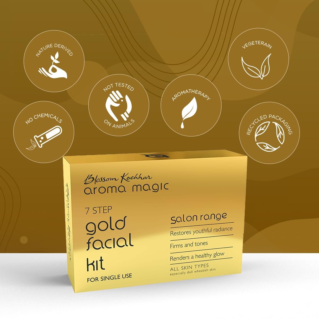 Aroma Magic 7 step Gold Facial Kit | Firms, Tones & Renders a healthy glowing skin | with Marigold & Rose Extracts | All Skin type | Single Use | Pack of 1 (20g + 18ml) thumbnail