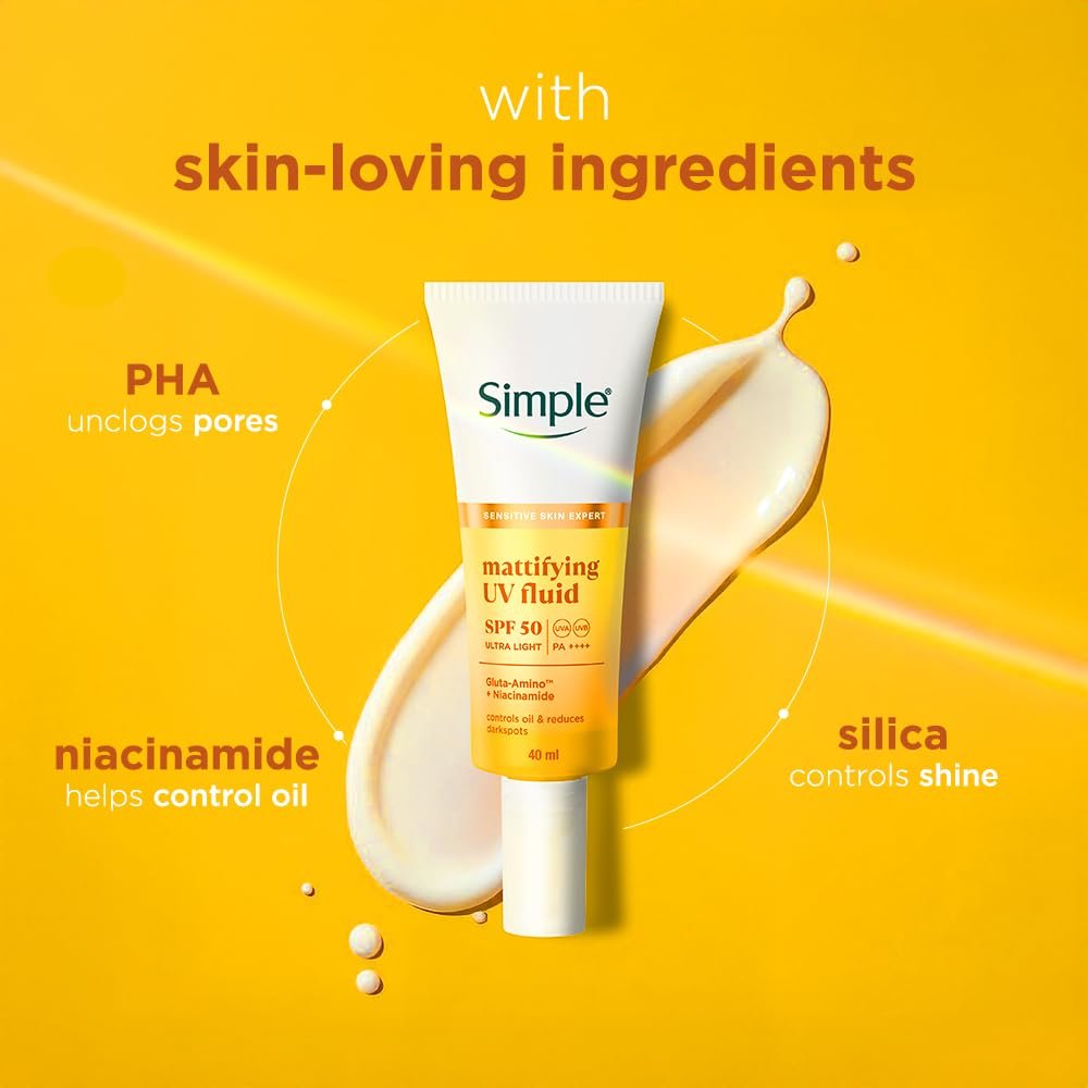 Simple Mattifying UV Fluid |SPF 50 PA++++ | With Niacinamide & GlutaAmino Technology| Sunscreen for Oily Skin & Dark Spots |40ml thumbnail