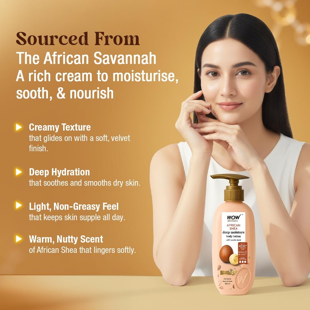 WOW Skin Science Shea Butter With Lactic Acid Body Lotion | Hydrates Very Dry Skin | Long Lasting 48 hrs Moisturization | Smoothens Rough, Flaky Skin | Calms Itchy Skin - 400ml thumbnail