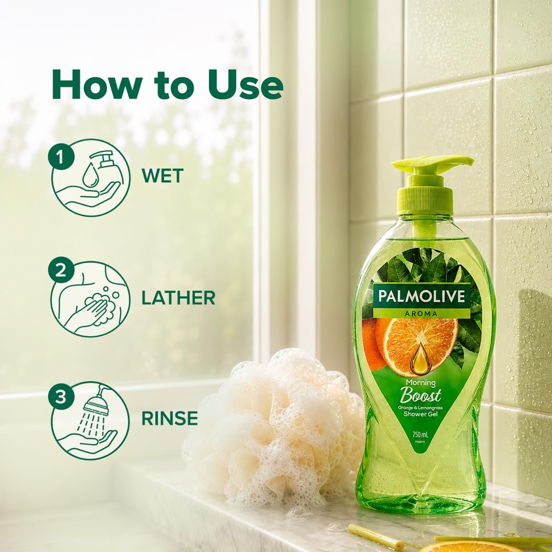 Palmolive Aroma Morning Tonic Body Wash, Gel Based Shower Gel with 100% Natural Citrus Essential Oil & Lemongrass Extracts - pH Balanced, No Parabens, No Silicones, 750ml Pump thumbnail