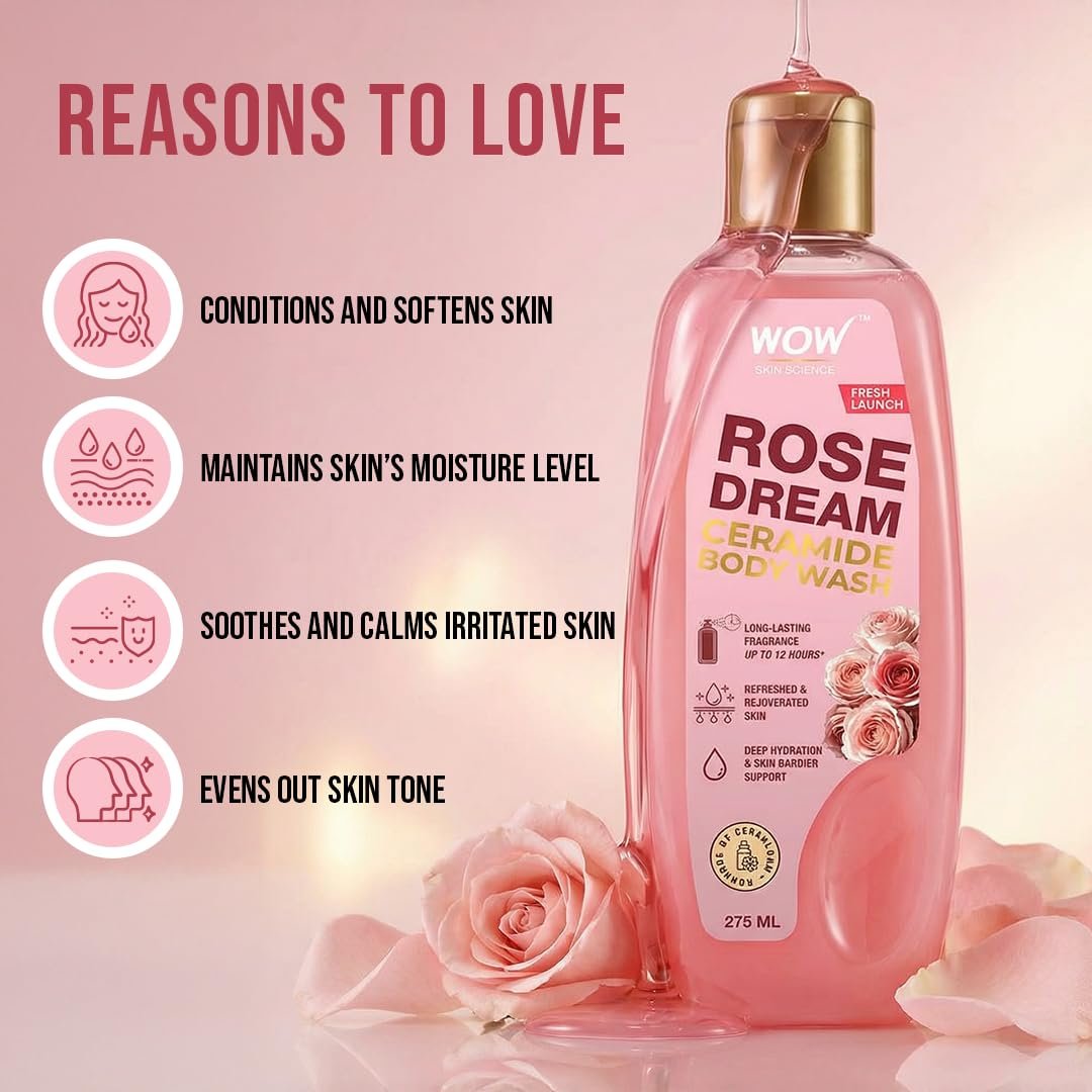 WOW Skin Science Rose Dream� Ceramide Body Wash | Ceramide for Deep Hydration & Skin Barrier Support | Himalayan Rose for a Petal-Soft Feel | Up To 12-Hour Long-Lasting Freshness | 275ml thumbnail