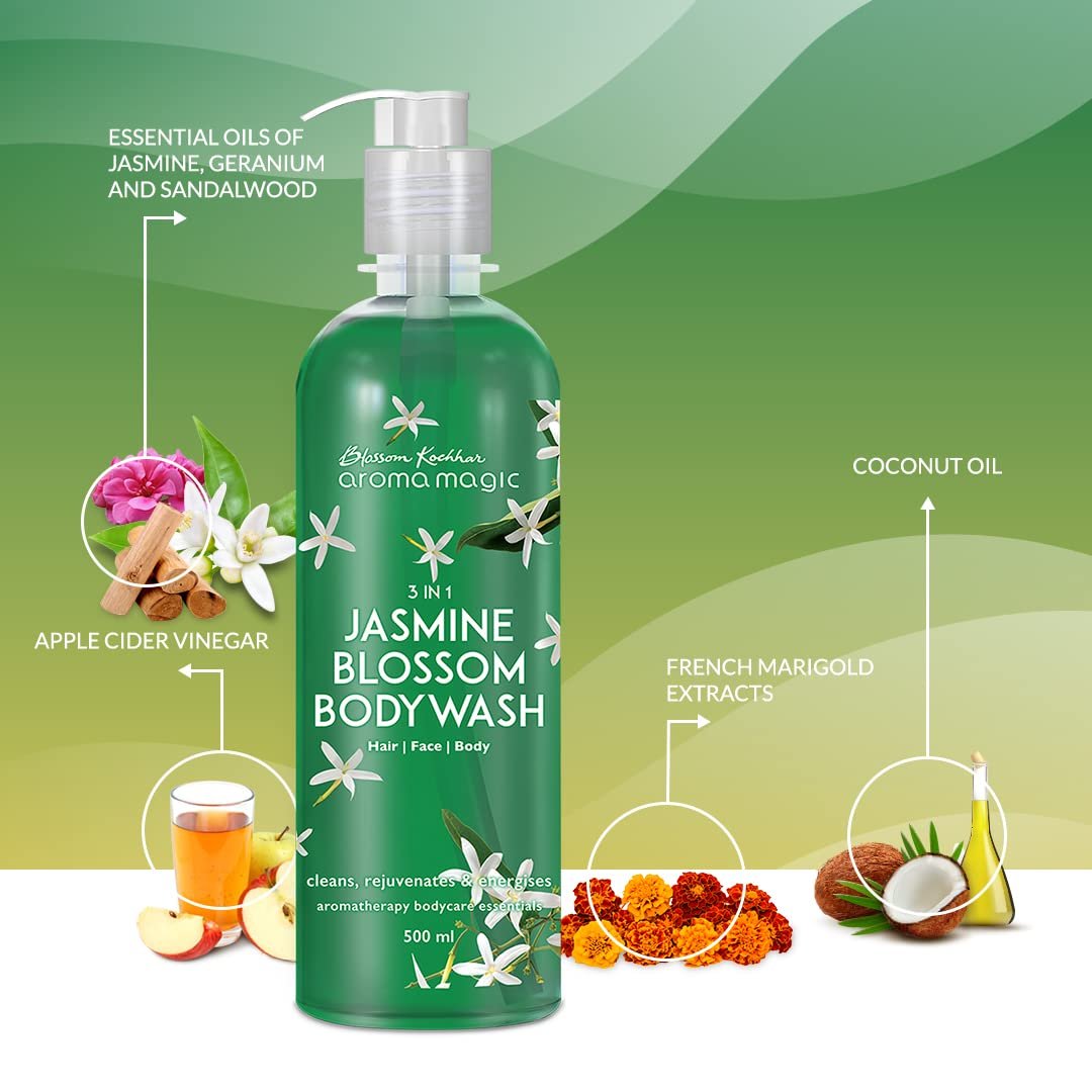 Aroma Magic 3 in 1 Jasmine Body Wash treats rashes, boosts suppleness, reduces pollution effects with jasmine & sandalwood oils, Apple cider vinegar, coconut oil | 220ml thumbnail